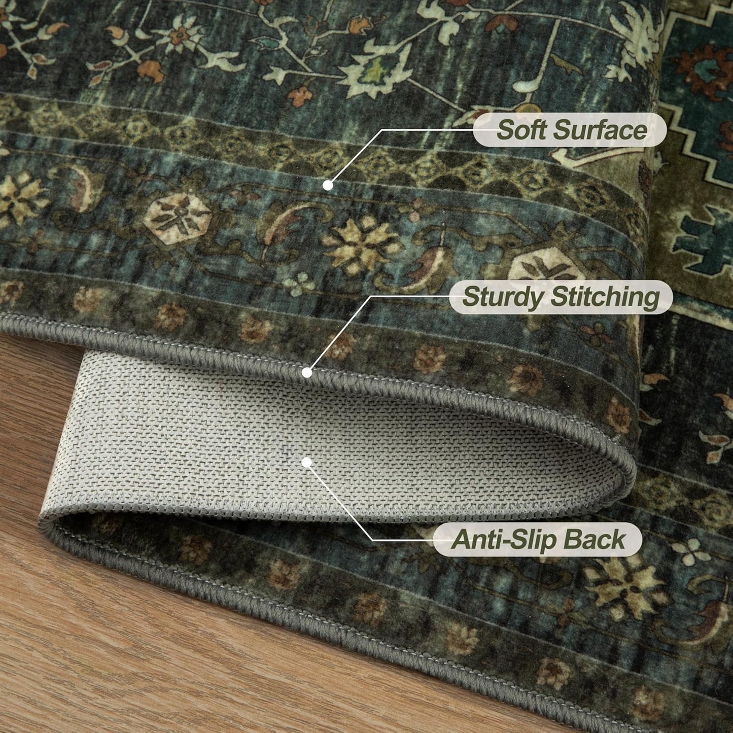 Tangsoo 5x7 Area Rug Washable Rug for Living Room, Vintage Indoor Non Slip Large Area Rugs, Print Distressed Rust Carpet, Soft Low Pile Foldable Floor Rug for Bedroom Dining Room Dorm Olive Green