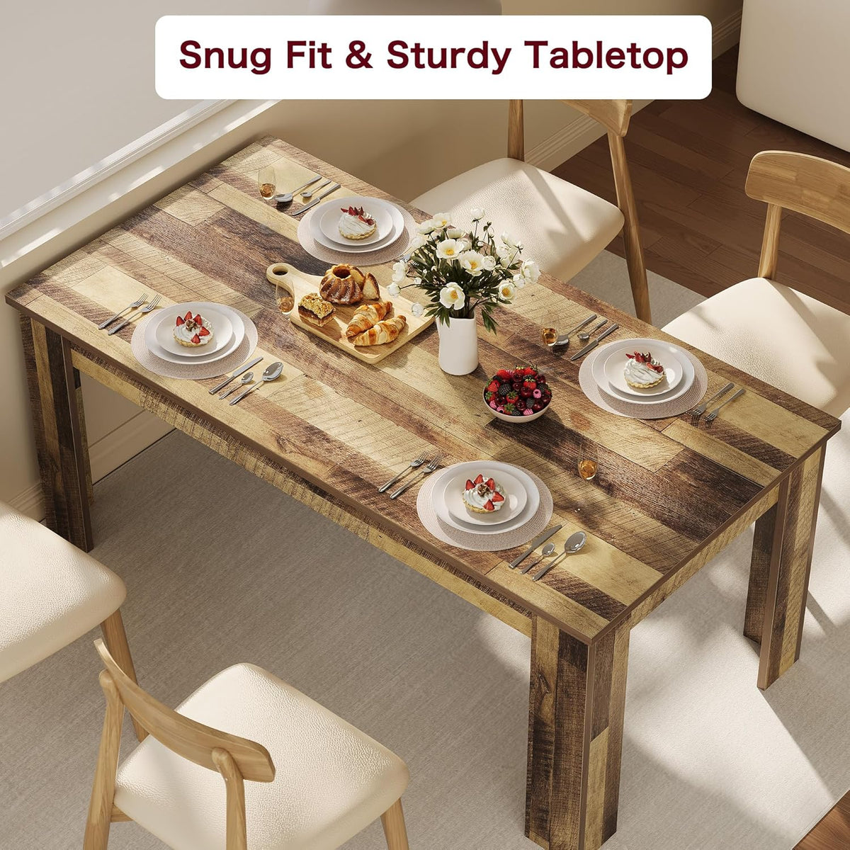 Dining Table for 4-6, 63" Wood Farmhouse Large Kitchen Table with Strong 4 Triangle Legs, Rectangular Dining Room Dinner Table with Sturdy Extra Support for Kitchen, Apartment, Retro Brown