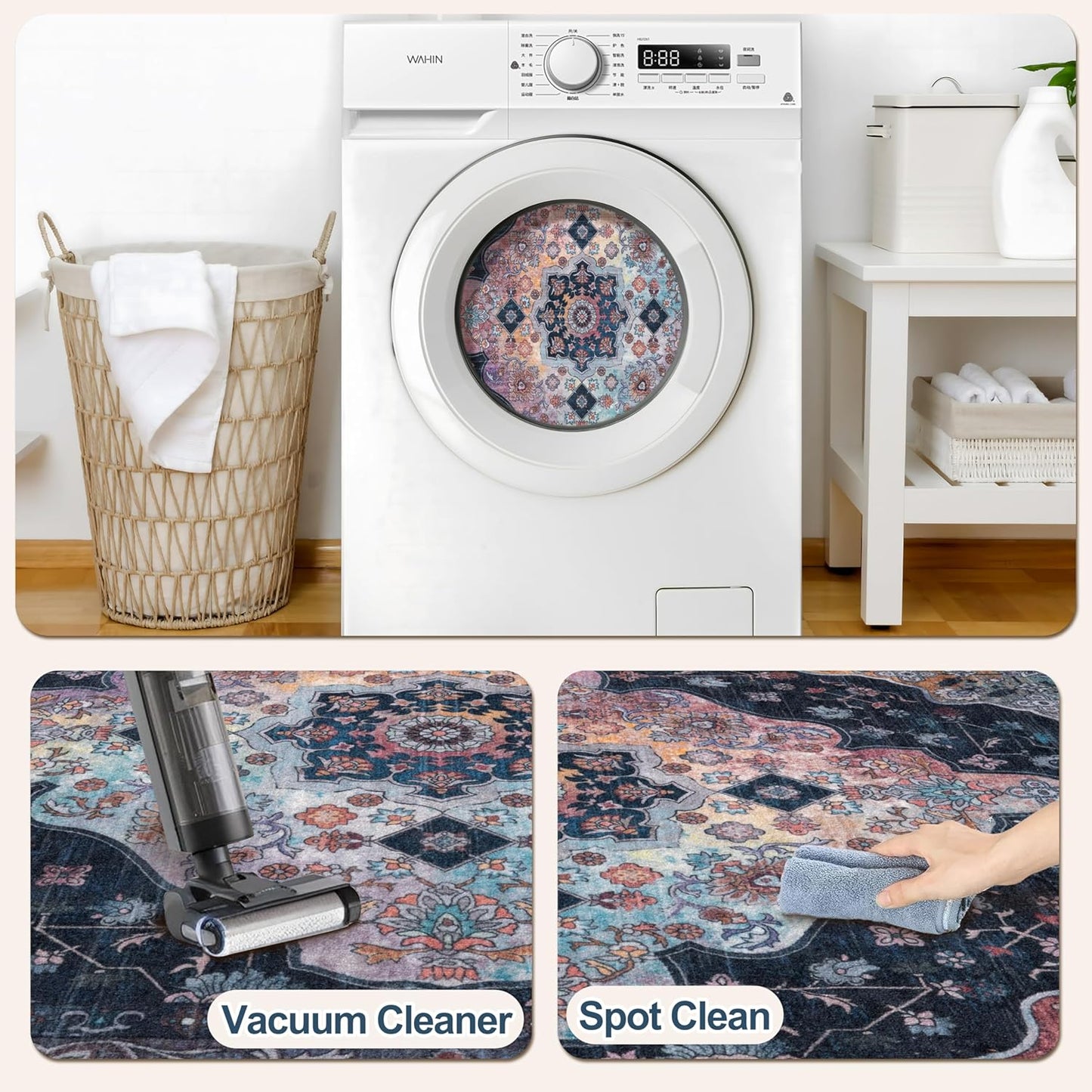 2x3 Entryway Rug, Vintage Rug with Non Slip Backing, Washable Rugs Low Pile Indoor Small Area Rug for Front Door Entrance Kitchen Bedroom Bathroom, Blue/Multi Retro Doormat Carpet