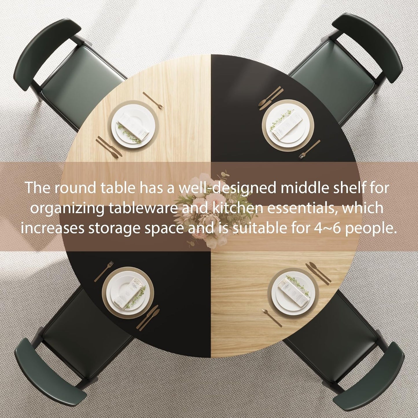 GarveeHome Round Dining Table for 4-6, 47.2" Farmhouse Kitchen Table with Storage, Circle Dinner Tables for Kitchen, Dining Room, Living Room, Meeting Room, Apartment, Natural and Black