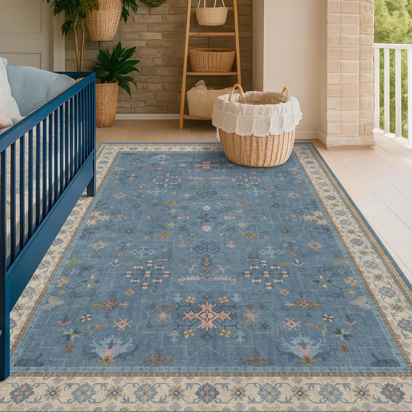5x8 Rug for Living Room, Boho Eclectic Area Rugs Blue Modern Low-Pile Carpet for Bedroom, Dining Table, Nursery, Washable Non-Slip with Rubber Back