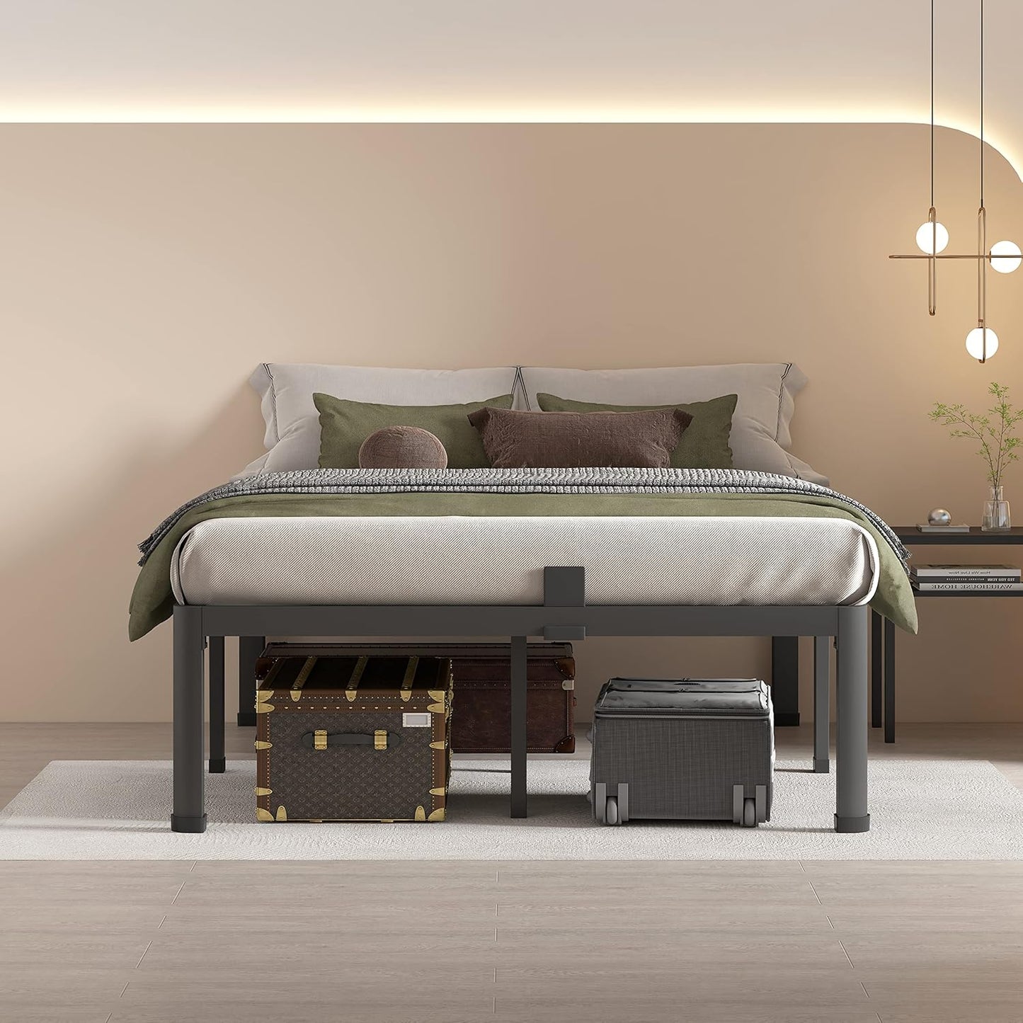MAF 20 Inch Queen Size Bed Frame with Round Corner Legs Mattress Slide Stopper No Box Spring Needed Heavy Duty Metal Platform Bed Frames Under-Bed Storage Space, 3000 LBS Steel Slats Support