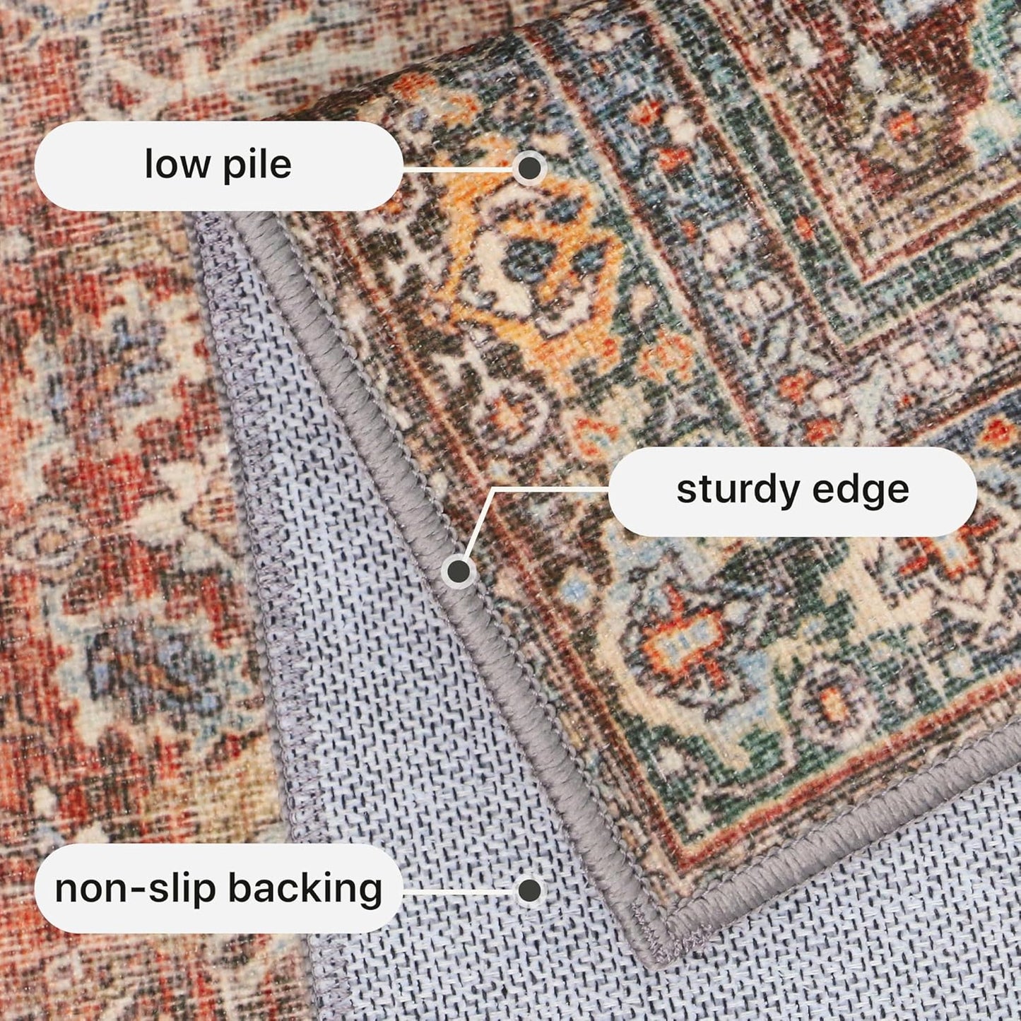 GENIMO 10x14 Area Rugs for Living Room, Machine Washable Non Slip Vintage Rugs, Low Pile Lightweight Chenille Print Rug for Bedroom, Dining Room, Home Office, Terracotta Indigo