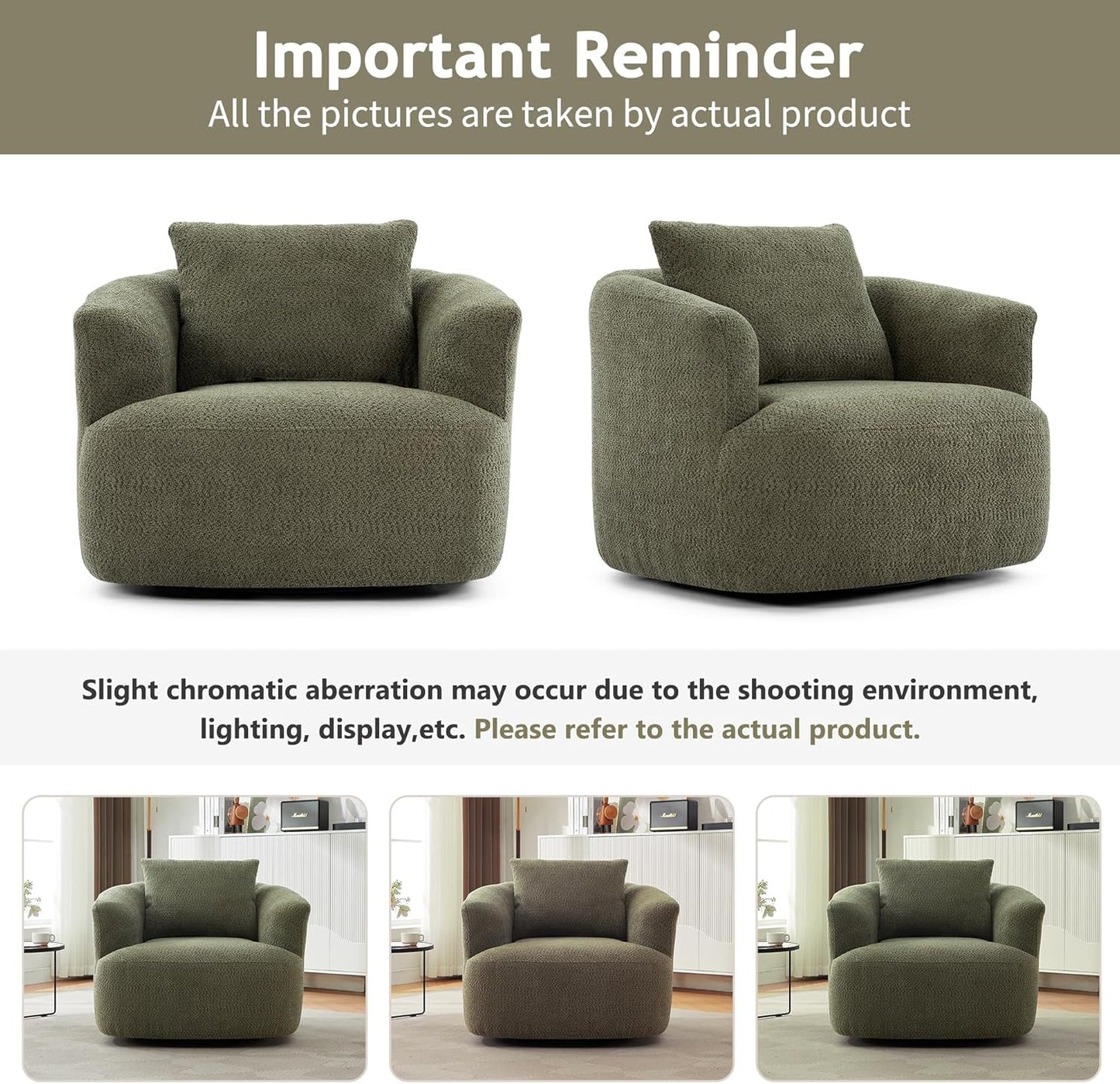 Merax Modern Cozy Chenille 360° Swivel Sofa Chair w/a Throw Pillow, 38.2" Upholstered Leisure Barrel Accent Armchair with Deep Seating for Living Room Bedroom,Office, Hotel, Easy Assemble, Green