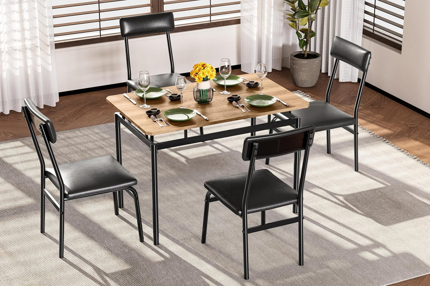 IDEALHOUSE 5 Piece Dining Room Table Set, Kitchen Table Set for 4 with Brown Wooden Grain Kitchen Table and 4 PU Upholstered Metal Chairs, Dining Room Set for Small Space,Home Dinner(4 Black Chairs)