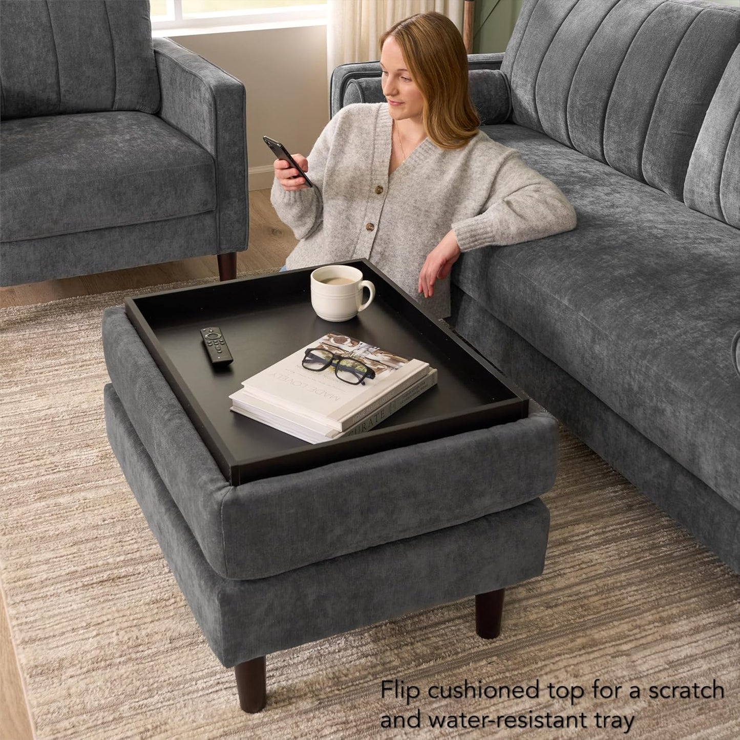 Bush Home Storage Ottoman with Tray, Living Room Furniture, Max Collection, Iron Gray Chenille Fabric