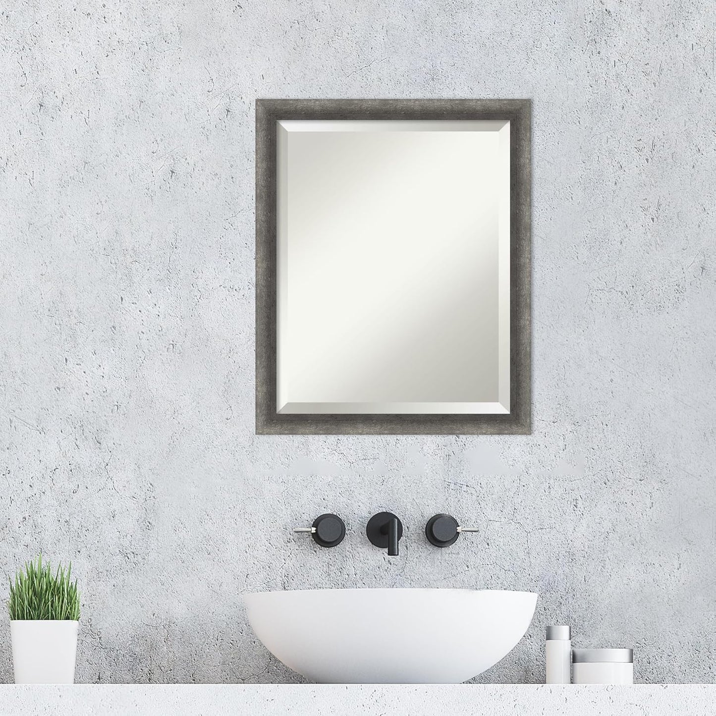 Amanti Art Grey Wall Mirror 22x18 Burnished Concrete Narrow Rectangle Bathroom Mirror for Wall Decor Living Room, Small Modern Contemporary Wood Frame, Hangs Horizonally and Vertically, Bathroom Decor
