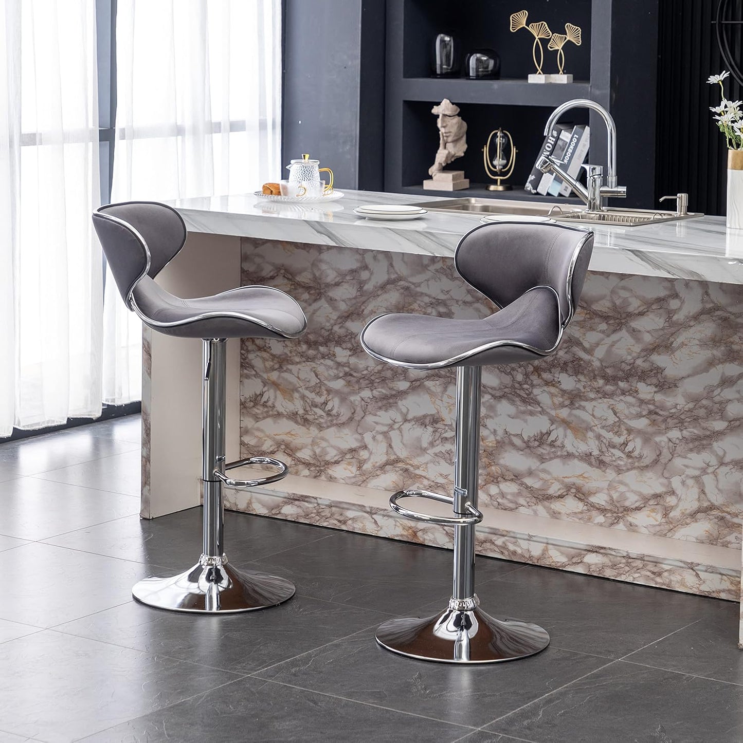 Roundhill Furniture Masaccio Velvet Upholstered Adjustable Swivel Barstool, Set of 2, Gray