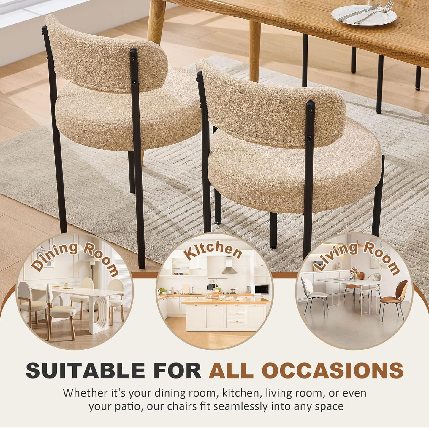 Boucle Dining Chairs, Kitchen Dining Room Chairs Curved Backrest Upholstered Mid Century Modern Dining Chairs (Beige, 2pcs)