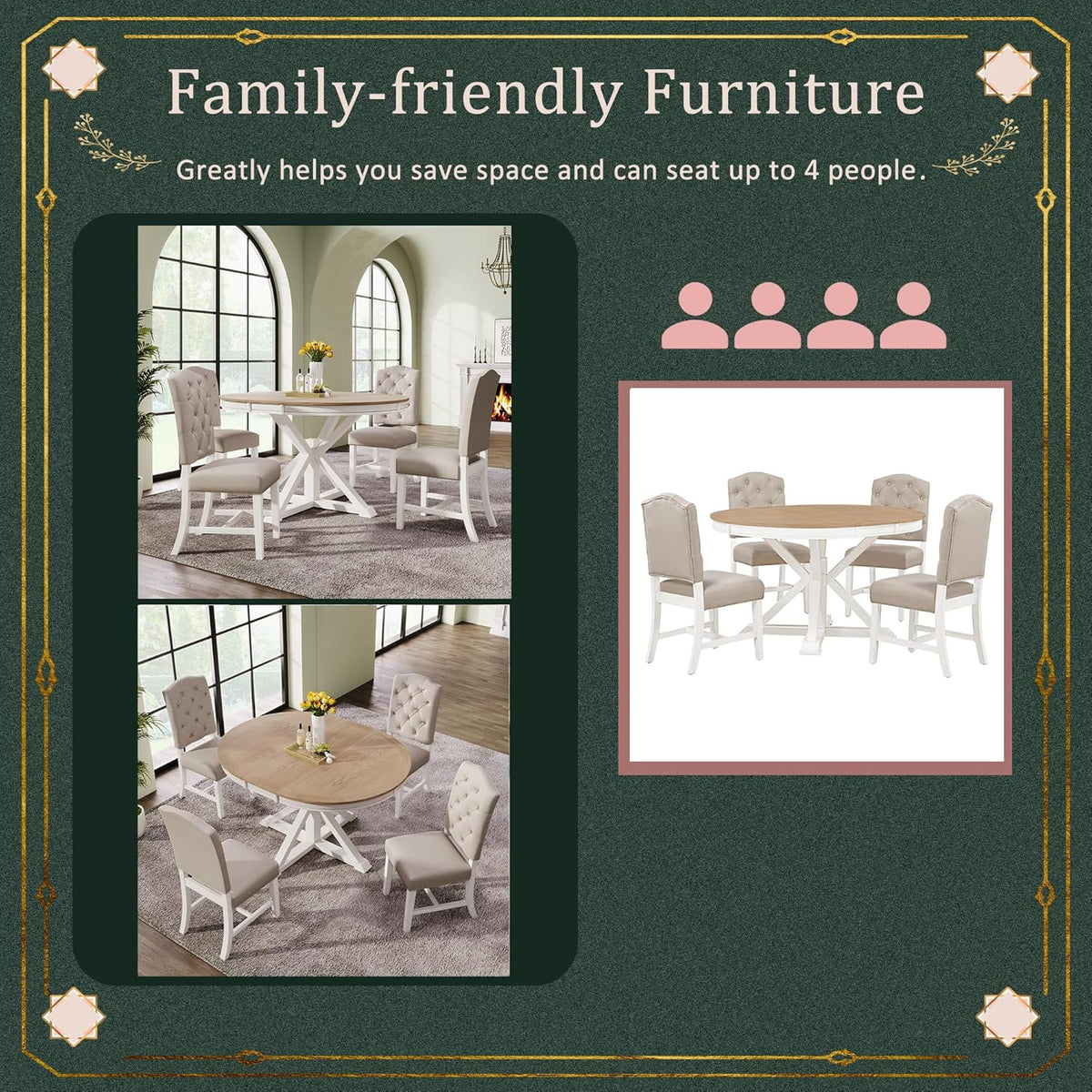 SogesPower 5-Piece Round Farmhouse Retro Dining Table Set for 4, Space-Saving Kitchen Table Set with Extendable Table and 4 Upholstered Chairs for Dining Room Living Room,Oak Natural Wood
