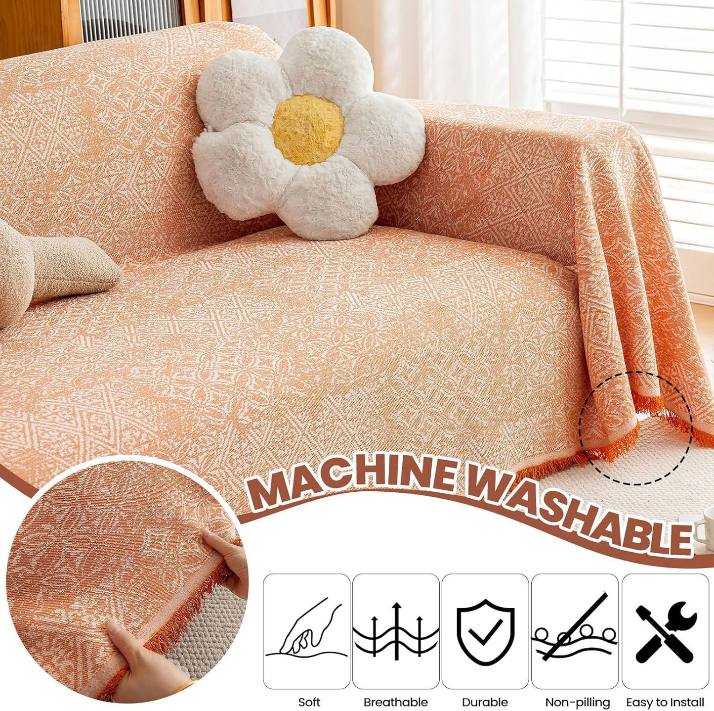 STACYPIK Boho Sofa Cover for Pets, Orange Geometric Couch Cover for 3 Cushion Sofa, Washable Dogs Protector for Living Room, Anti-Slip Sectional Covers for Loveseat with Tassel Throw Blanket-71X134IN