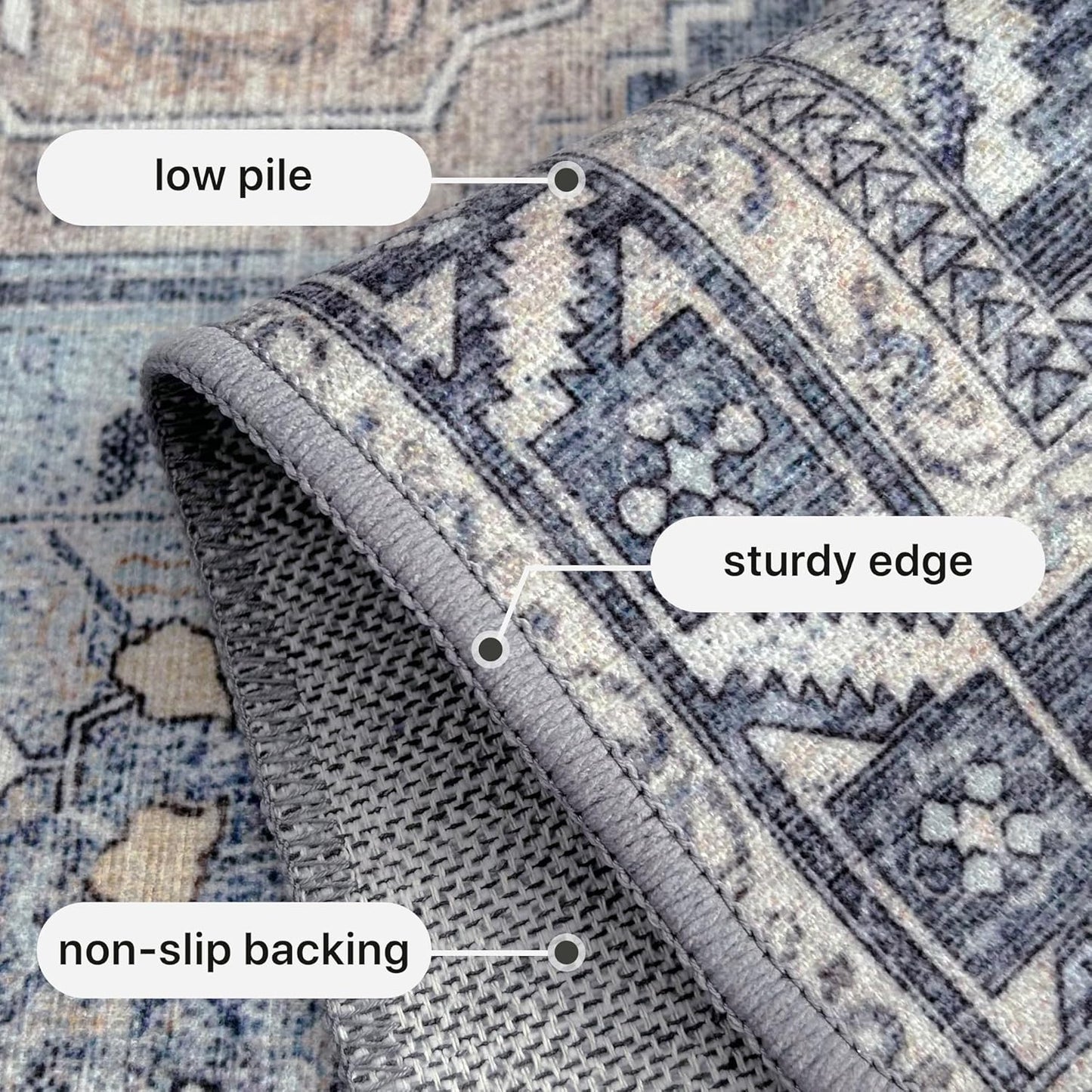 GENIMO 9x12 Area Rugs for Living Room, Machine Washable Non Slip Vintage Rugs, Low Pile Lightweight Chenille Print Rug for Bedroom, Dining Room, Home Office, Brown Blue