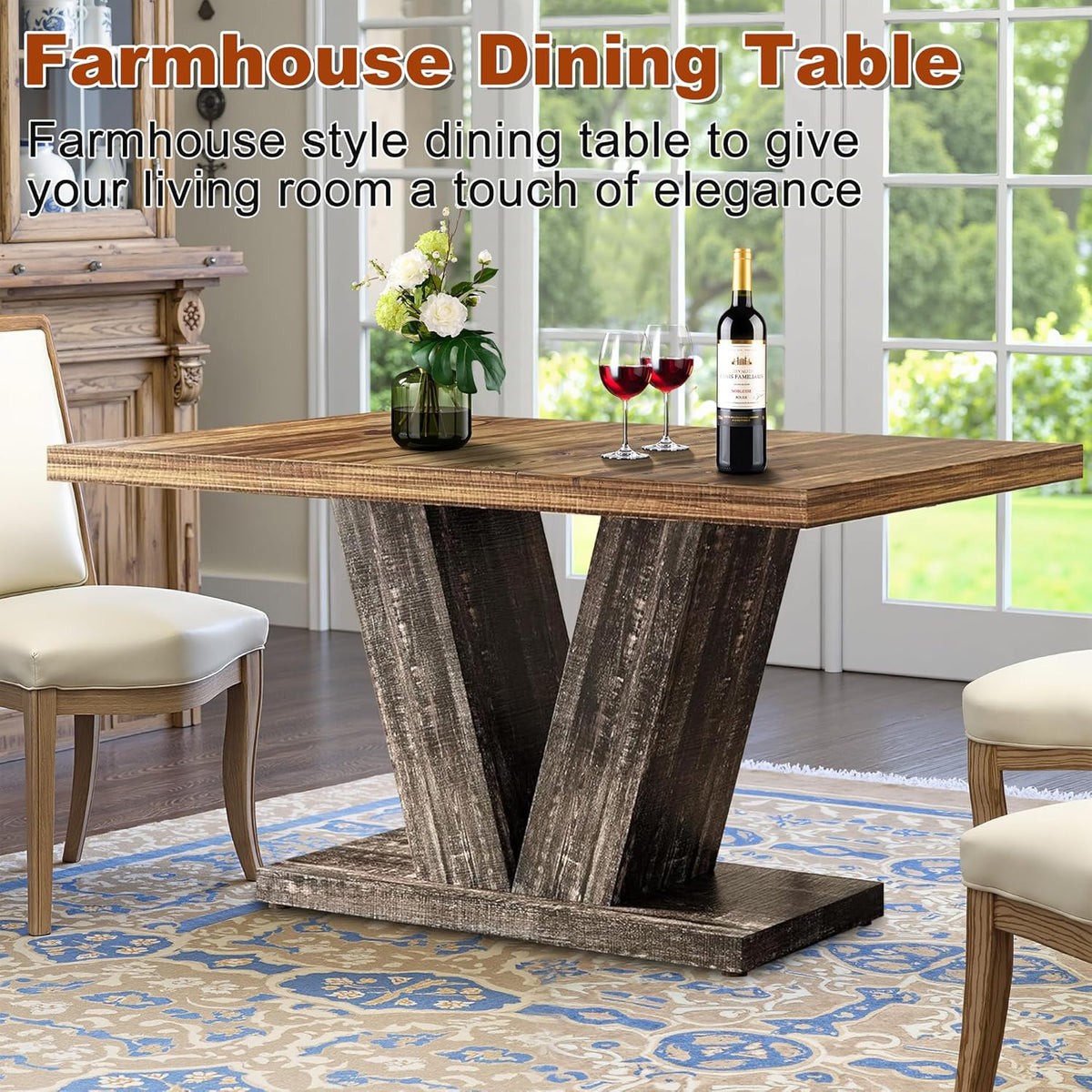 47 Inch Dining Table for 4, Farmhouse Dinner Table Wooden Kitchen Tables with Heavy Duty Pedestal for Dining Room, Kitchen, Living Room, Brown & Black
