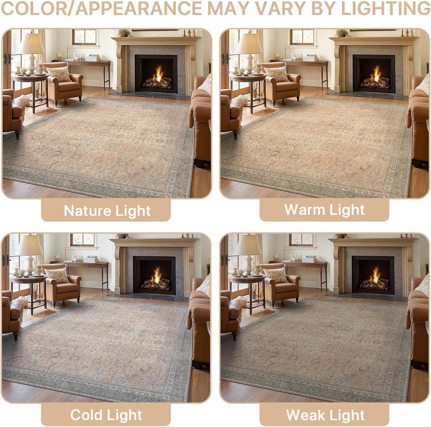 8X10 Area Rugs Machine Washable Rugs for Living Room, Vintage Boho Large Rugs for Bedroom Dining Room, Non Slip Indoor Soft Distressed Lightweight Thin Low Pile Carpet, Soft Sand