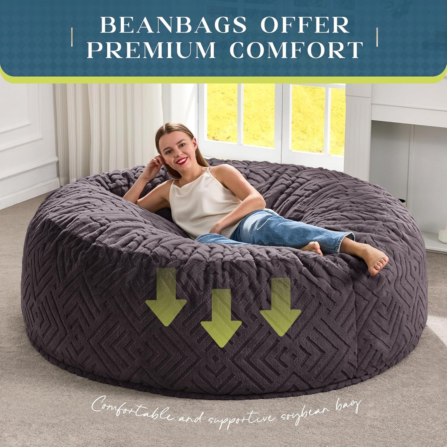 Hobestluk Bean Bag Chairs Adults Beanbag Chair with Filler Large Bean Bags with Fluffy Embossed Cover, Giant Bean Bag Chairs for Adults (Dark Grey, 6FT - 70" x 70" x 15")