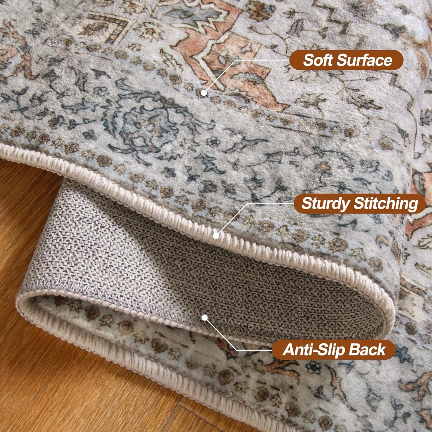 Tangsoo 2.6x8 Washable Runner Rug for Hallways, Non Slip Vintage Runner Rugs, Soft Low Pile Long Rugs Print Distressed Taupe Carpet Runners for Kitchen Bedroom Entryway Bathroom Living Room