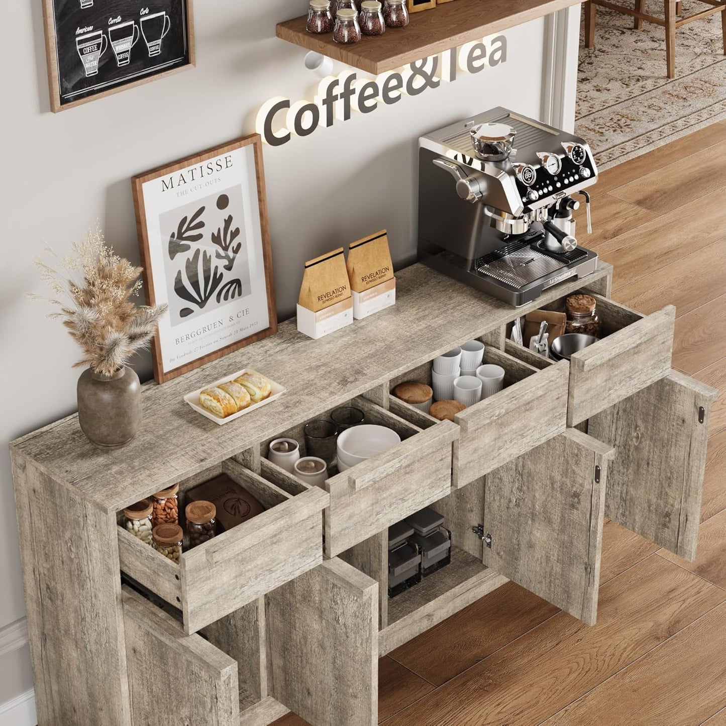 GarveeHome Sideboard Buffet Cabinet with 4 Drawers, 62.4" Large Coffee Cabinet with Storage, Modern Storage Buffet Table for Kitchen Dining Room, Living Room (Grey, 4 Doors & 4 Drawers)