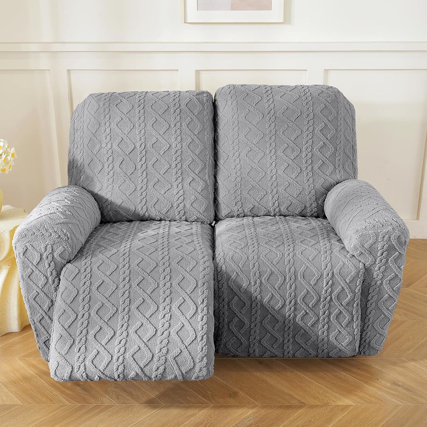 vctops 6 Pieces Geometric Jacquard Plush Recliner Loveseat Slipcovers Soft Fuzzy Fluffy Sofa Couch Cover Anti-Slip Furniture Protector with Elastic Bottom for Kids Cats Dogs(Grey,2 Seat)
