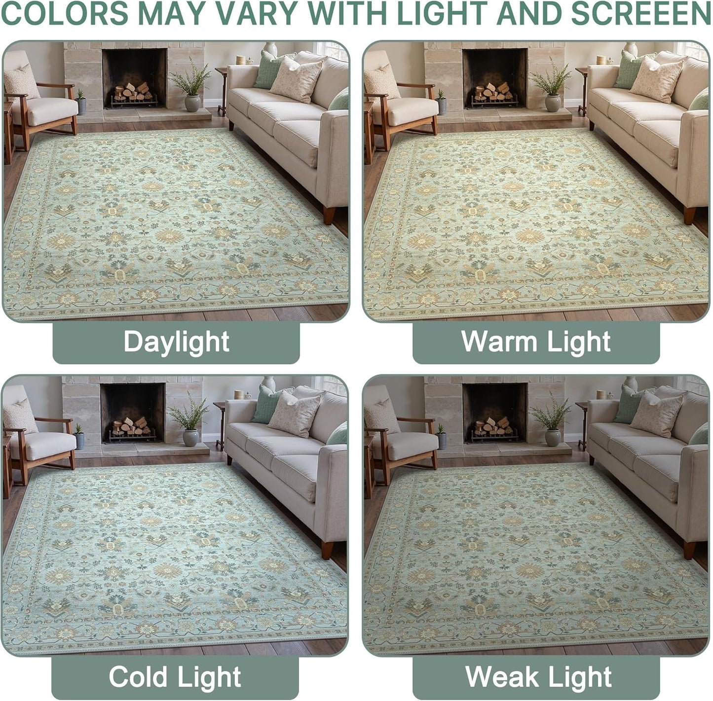 8X10 Area Rugs Machine Washable Runner Rugs for Living Room Bedroom Hallway, Non Slip Indoor Soft Accent Distressed Boho Vintage Print Lightweight Thin Low Pile Carpet, Misty Blue