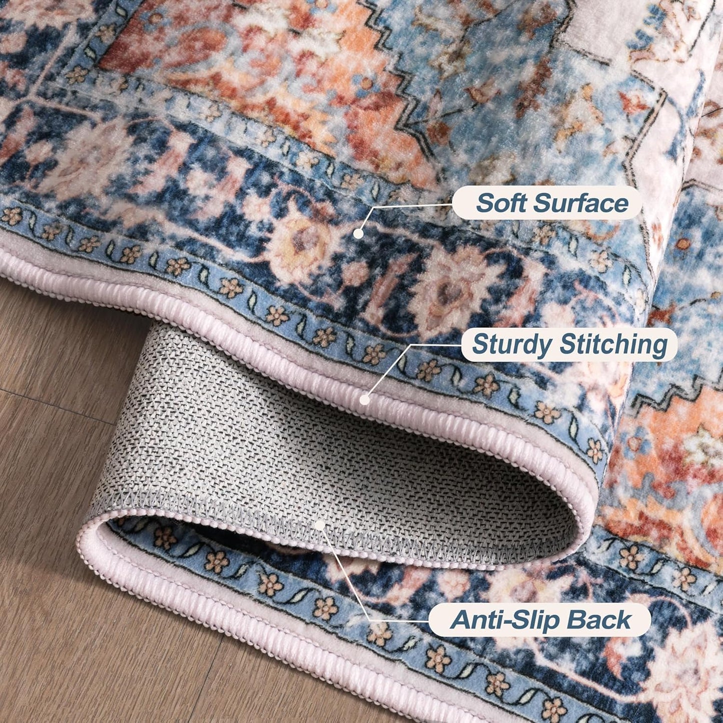 Tangsoo 2.6x8 Washable Runner Rug for Hallways, Non Slip Vintage Rug, Soft Low Pile Long Runner, Blue Carpet Runners for Kitchen Bedroom Entryway Bathroom Living Room