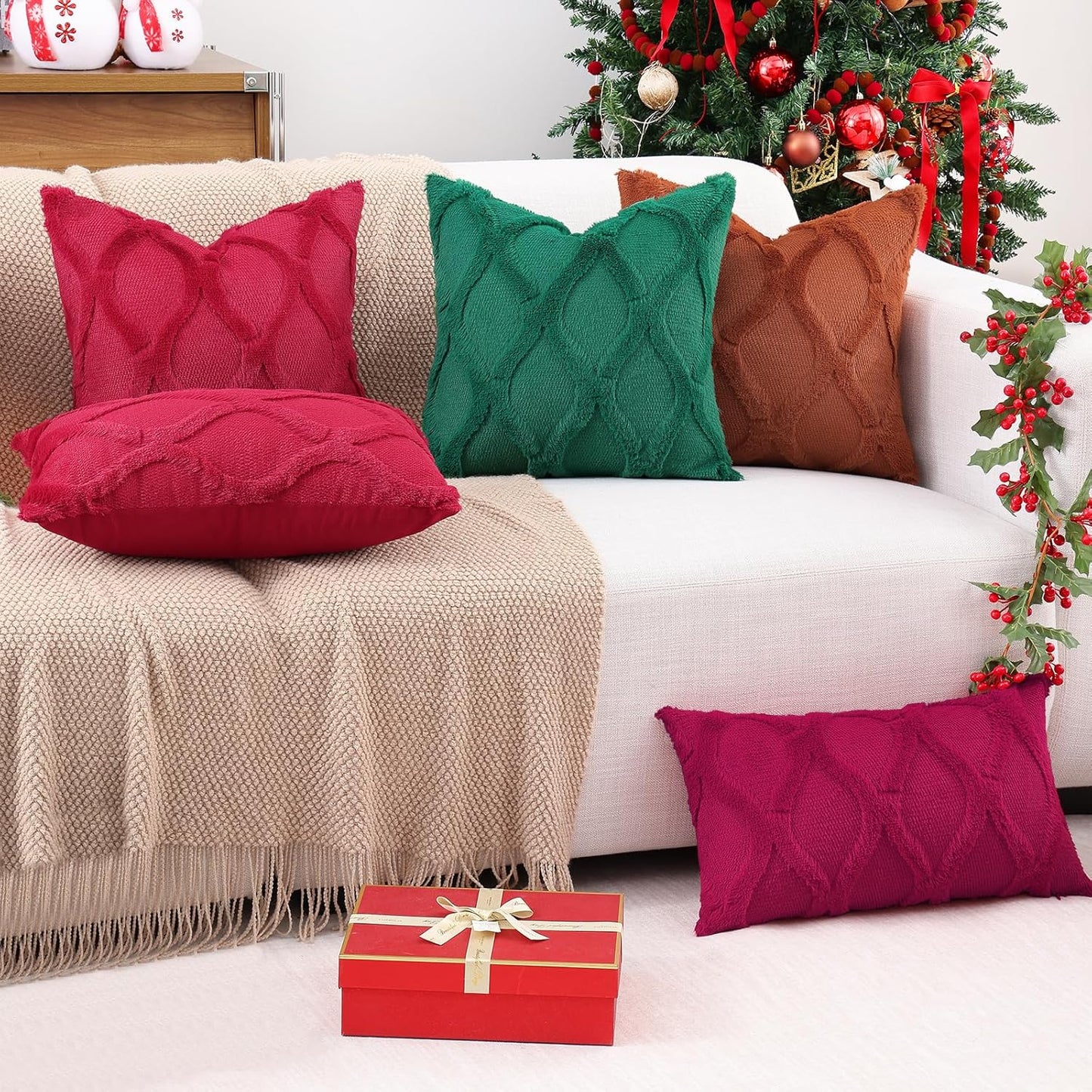 decorUhome Throw Pillow Covers 26x26 Inch Set of 2, Soft Plush Faux Fur Wool Burgundy Couch Pillow Covers, Decorative Neutral Pillow Cases for Bed Sofa Living Room Home Decor