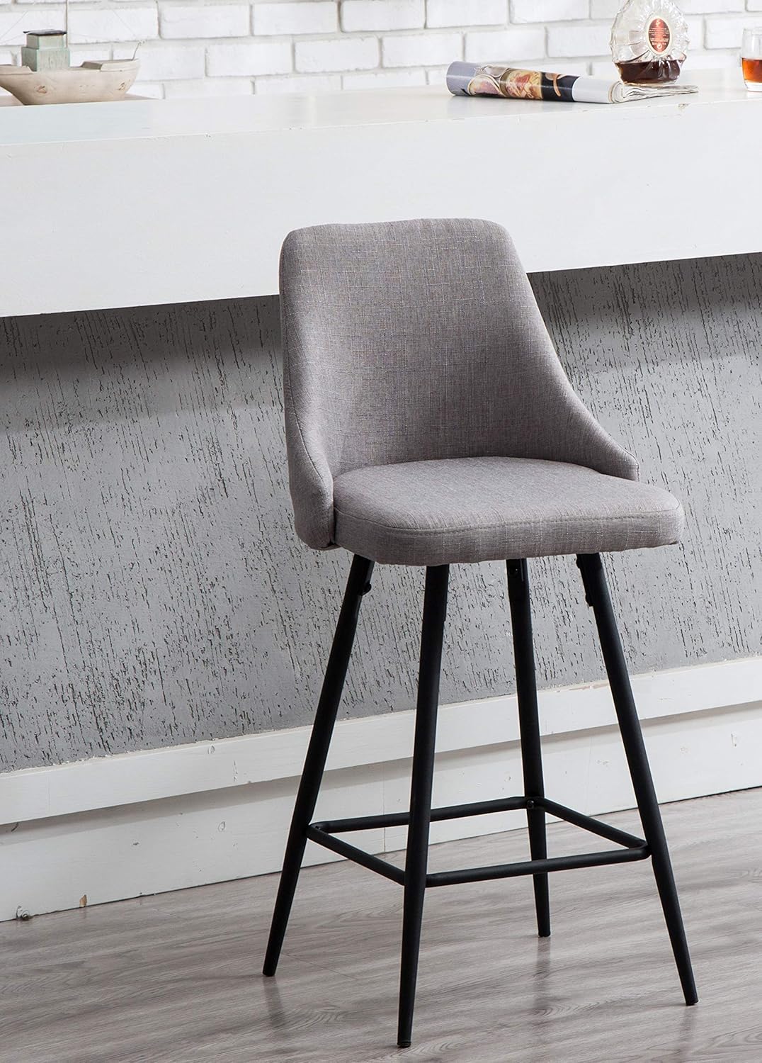 BTEXPERT Set of 2 Pack, Premium upholstered Dining 25" Seat Height High Back Bar Stool Chairs, Gray Polyester