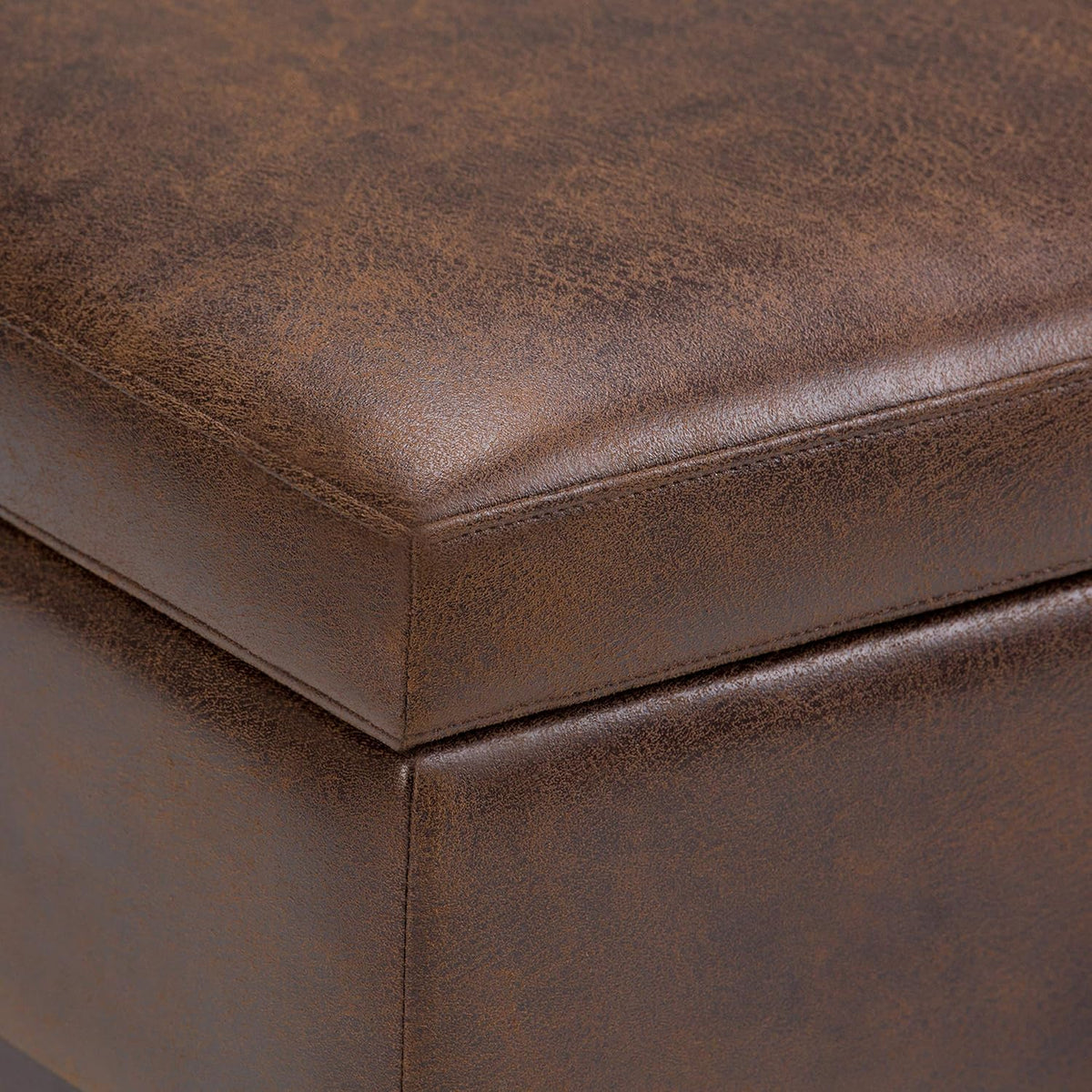 SIMPLIHOME Owen 36 inch Wide Mid Century Modern Square Coffee Table Storage Ottoman in Distressed Chestnut Brown Vegan Faux Leather, Assembled, for the Living Room, Entryway and Family Room