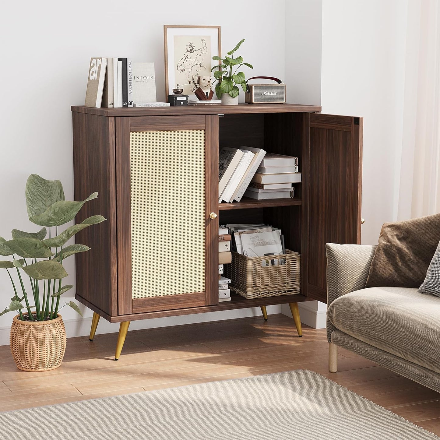 Shintenchi Rattan Buffet Cabinet with Storage, Sideboard Buffet Cabinet with Rattan Decor Doors, Modern Wood Cupboard for Kitchen Living Room Dining Room Hallway Entry,Brown