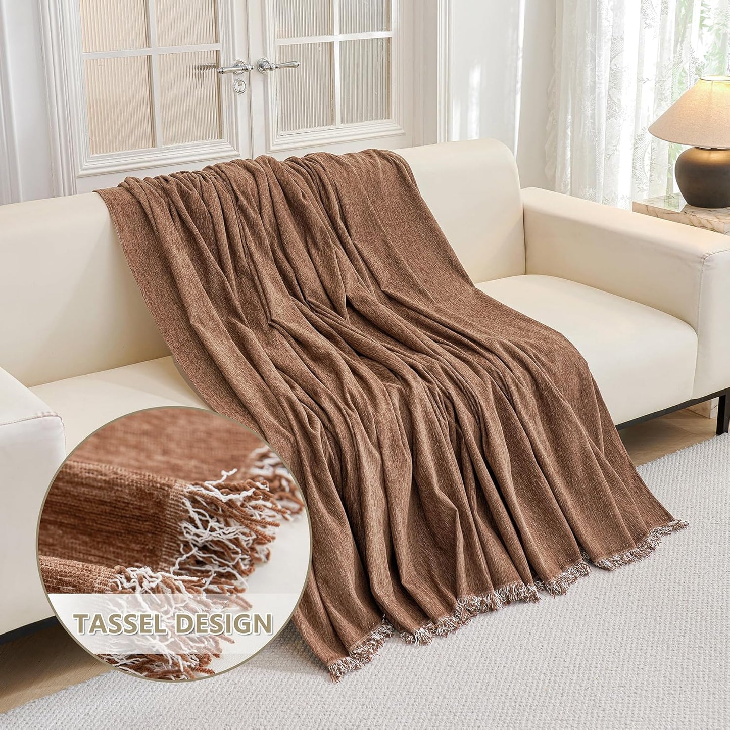 MYSKY HOME Boho Couch Cover Camel Sofa Covers with White Tassel Farmhouse Sofa Slipcover Simple Couch Protector for Dogs Chenille Sectional Couch Covers L Shaped Couch Cushion Covers, 91"x 134"