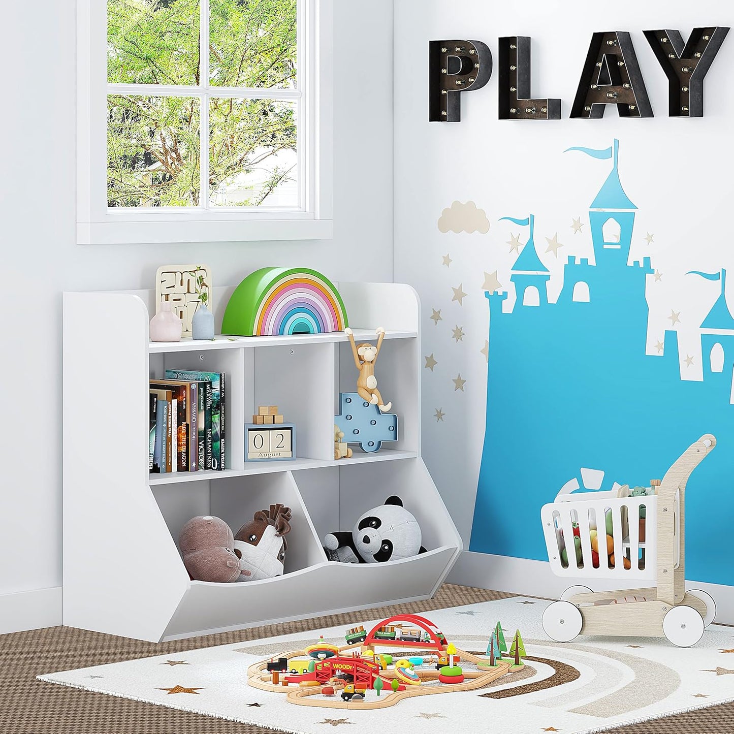 UTEX Toy Storage Organizer with Bookcase, Kid’s Multi Shelf Cubby for Books,Toys, Storage Organizer for Boys,Girls Play Room/Bedroom-White