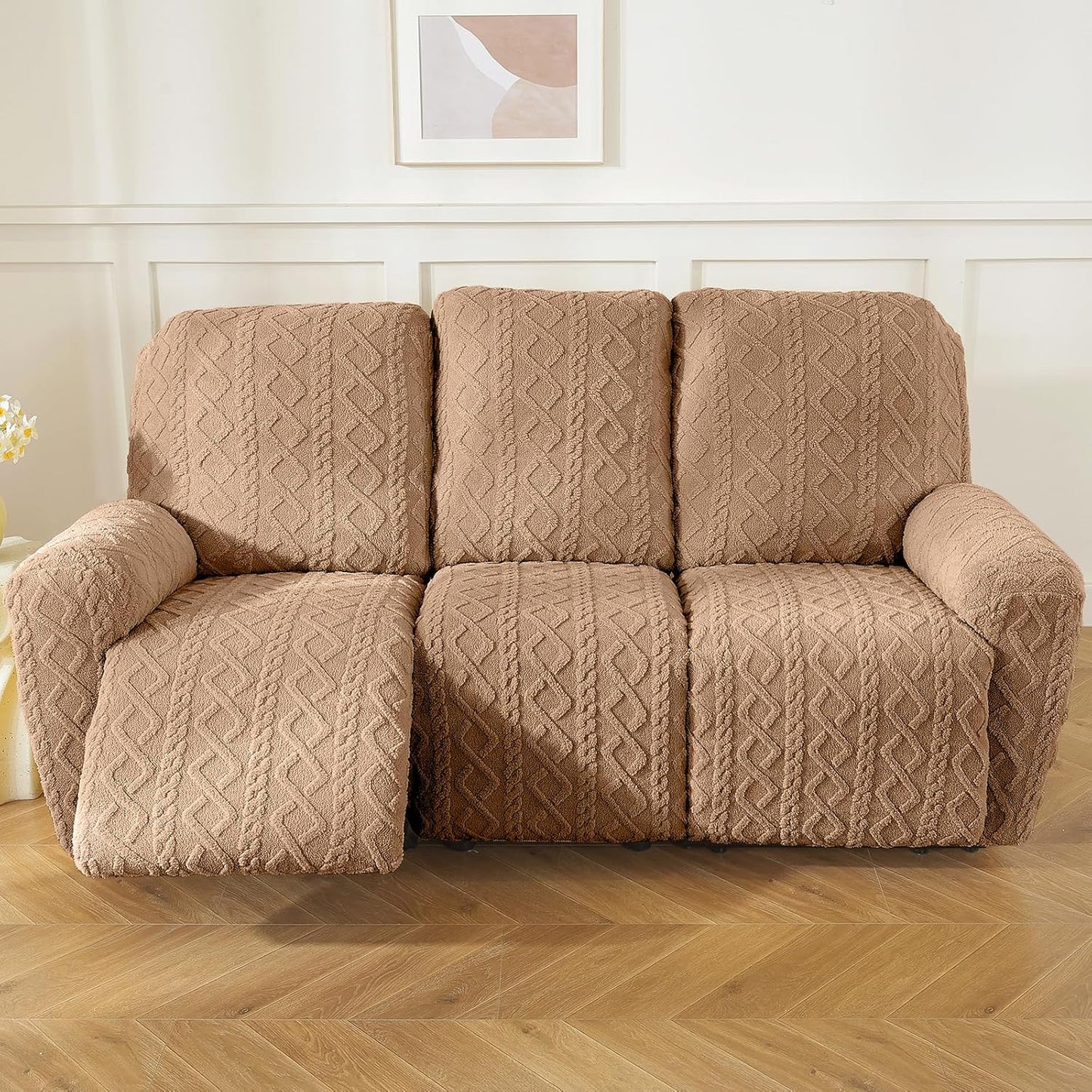 vctops 8 Pieces Geometric Jacquard Plush Recliner Sofa Covers Soft Fuzzy Fluffy 3 Seats Couch Cover Anti-Slip Sofa Slipcover Furniture Protector with Elastic Bottom for Kids Pet(Brown,3 Seat)