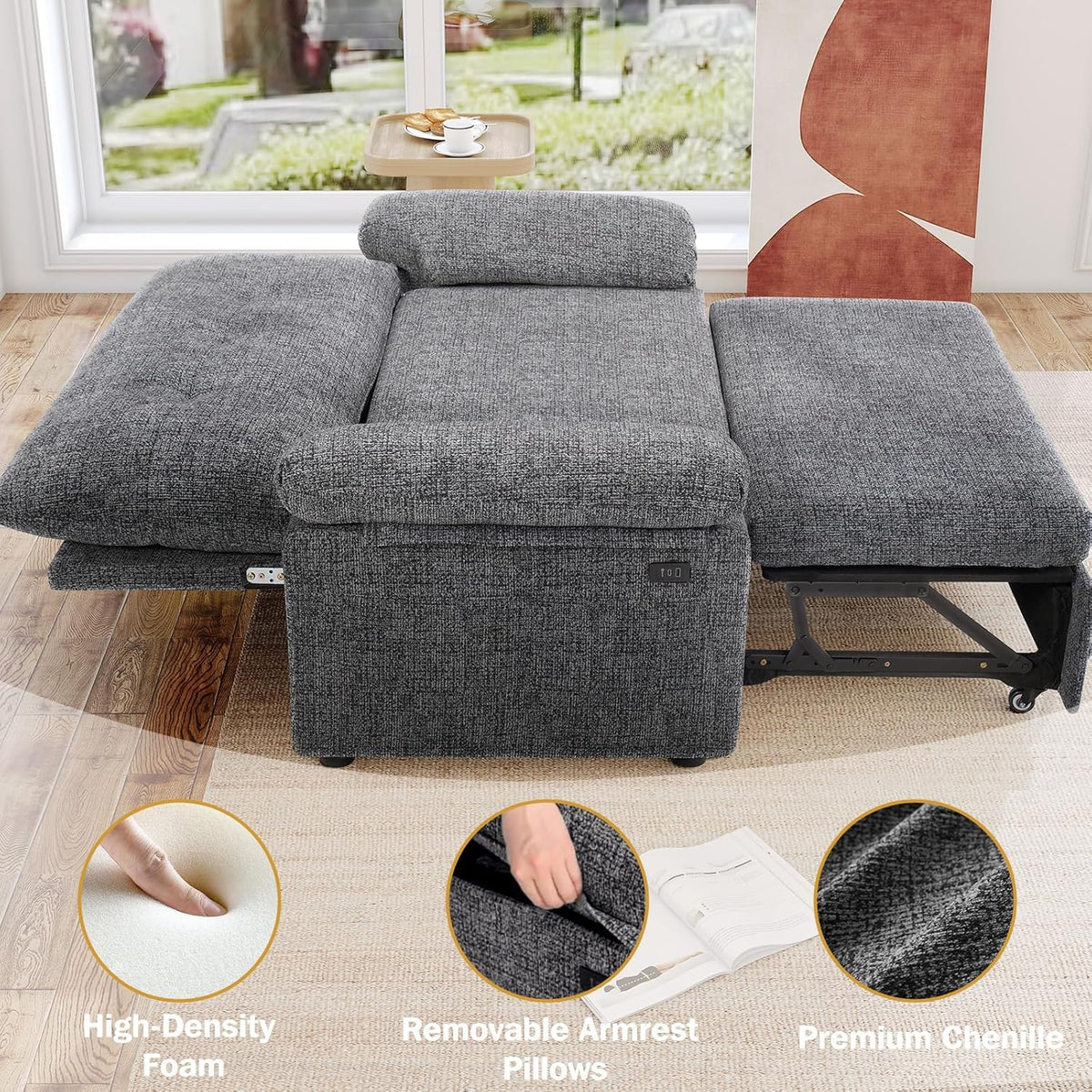 Vipbear 3-in-1 Chenile Convertible Sofa Bed, Pull Out Sleeper Sofa with USB Charging Station/Reclining Backrest/Side Pocket, Loveseat for Living Room, Apartment, Tool-Free Assembly, Dark Grey
