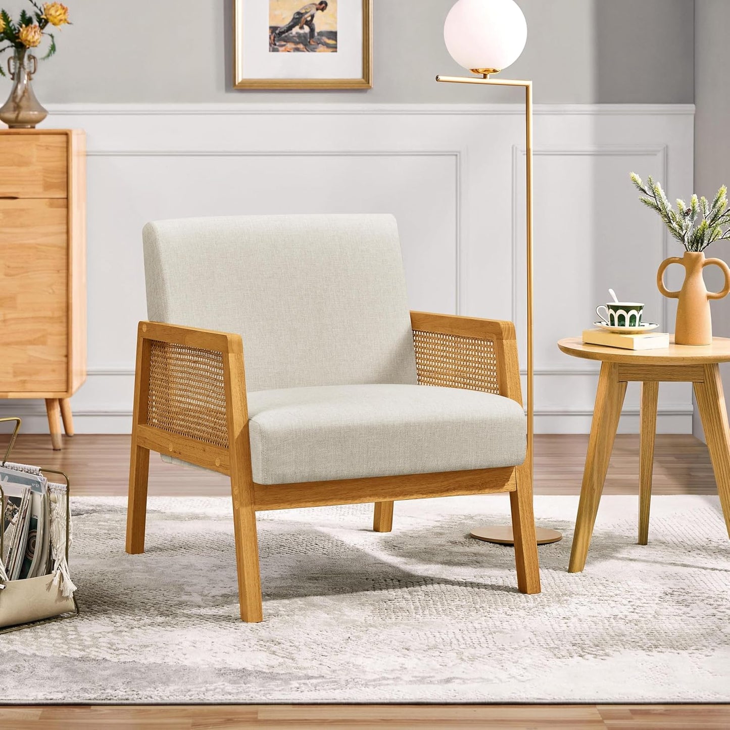 Yaheetech Beige Accent Chair, Armchair with Wood Legs, Mid Century Living Room Chair, Linen Fabric Lounge Chair for Bedroom Reading Room, Beige