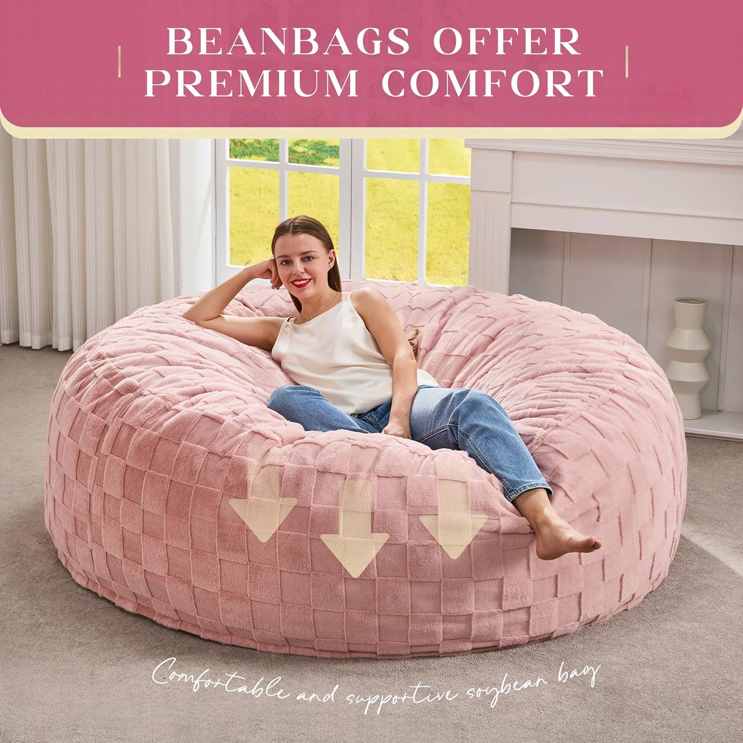 Hobestluk Bean Bag Chairs Beanbag Chair with Filler Adult Bean Bags with Fluffy Cover, Giant Bean Bag Chairs for Adults for Living Room, Bedroom (Pink, 6FT - 70" x 70" x 15")