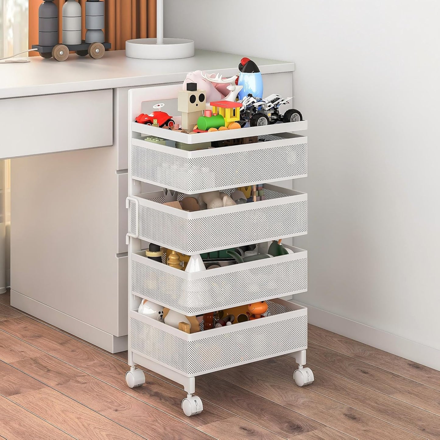 Fruit Basket for Kitchen No Assembly, Rolling Rotating Storage cart,Bathroom Shelf,Storage Drawer Cart for Bathroom,Metal Vegetable Rolling cart(Bright White, 4 Tier-Square)