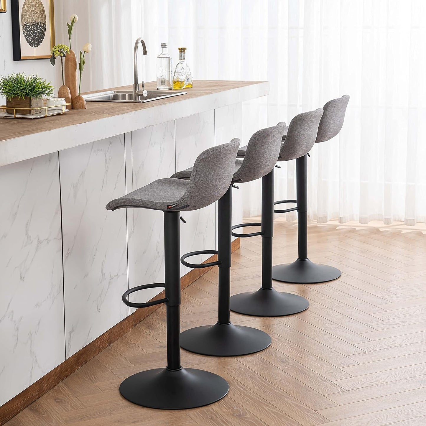 YOUTASTE Fabric Grey Bar Stools Set of 2, Adjustable Counter Height Barstools Swivel Modren Bar Stool with Back Metal Legs, Breakfast Bar Chairs for Kitchen Island Home Bistro
