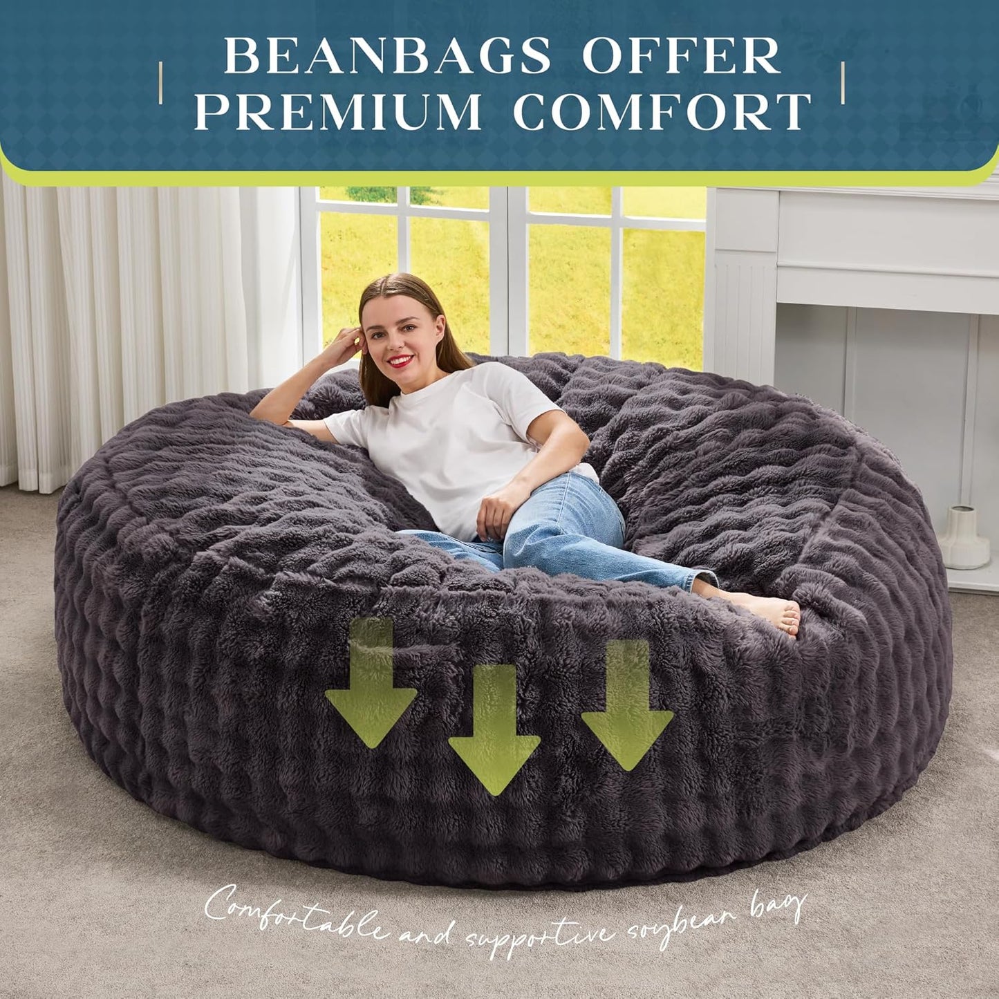 Hobestluk Bean Bag Chairs 6ft Beanbag Chair with Filler Adult Bean Bags with Fluffy & Machine Washable Cover, Giant Bean Bag Chairs for Adults (Dark Grey, 6FT-70" x 70" x 15")
