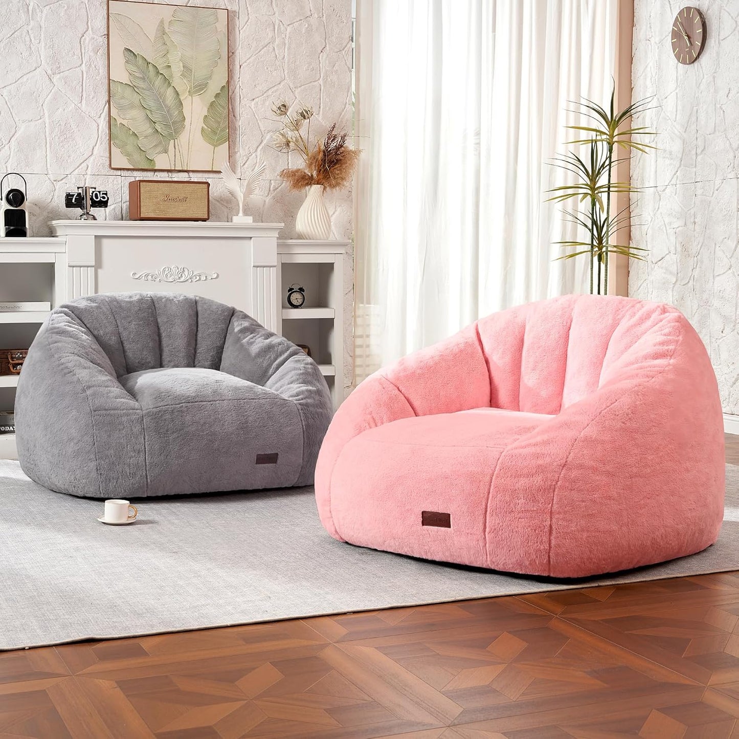 HABUTWAY Bean Bag Chair, Giant Bean Bag Chairs for Adults with Ottoman, Comfy Faux Fur Shell-Shaped Bean Bag Couch, Sofa Chair for Living Room, Bedroom, Grey