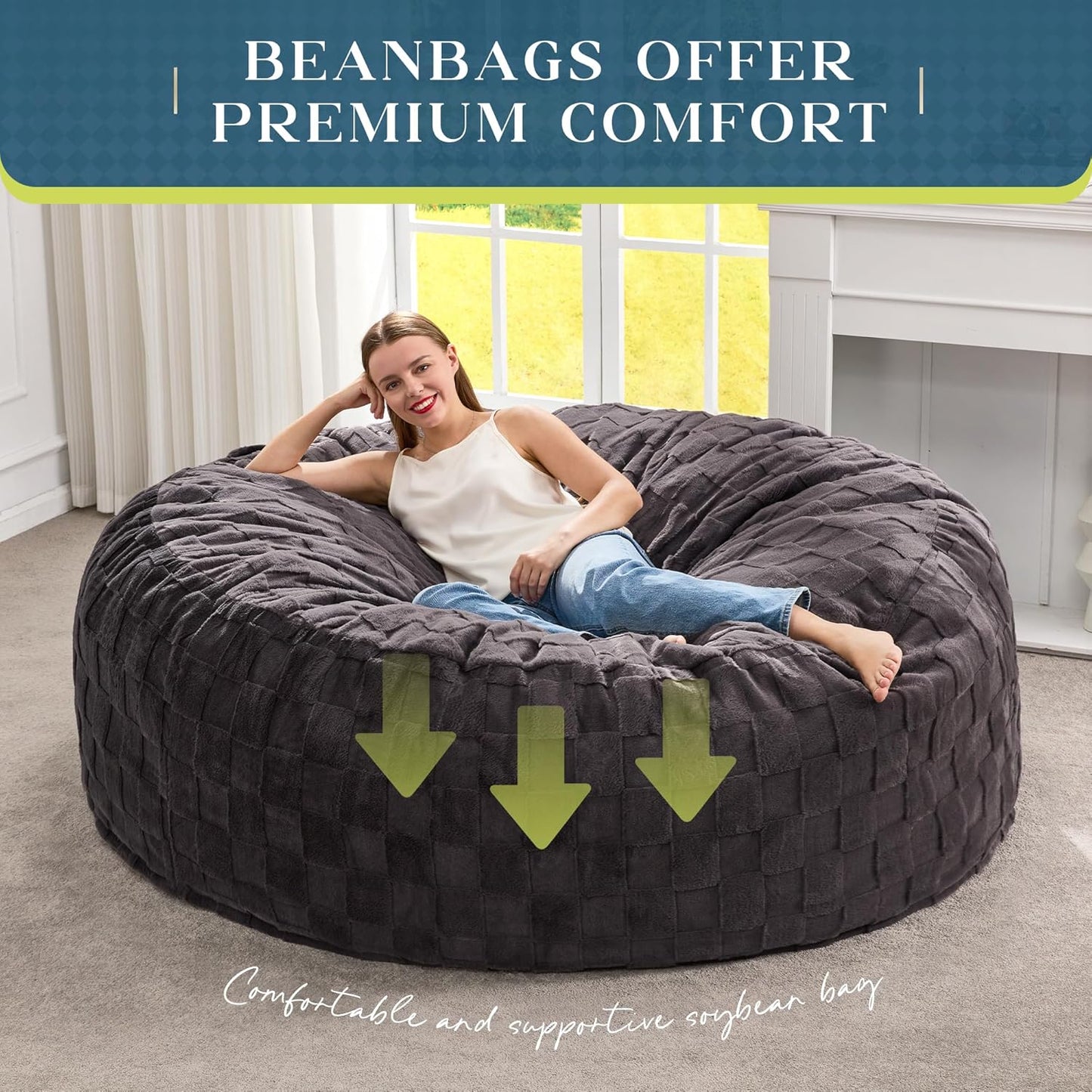 Hobestluk Bean Bag Chairs Beanbag Chair with Filler Adult Bean Bags with Fluffy Cover, Giant Bean Bag Chairs for Adults for Living Room, Bedroom (Dark Grey, 6FT - 70" x 70" x 15")