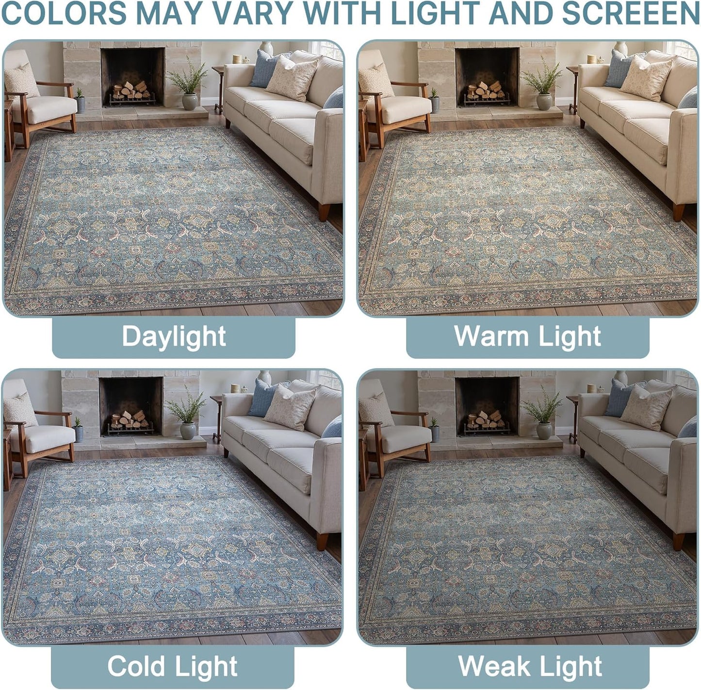 6X9 Area Rugs Machine Washable Rugs for Living Room, Vintage Boho Large Rugs for Bedroom Dining Room, Non Slip Indoor Soft Distressed Lightweight Thin Low Pile Carpet, Vintage Blue