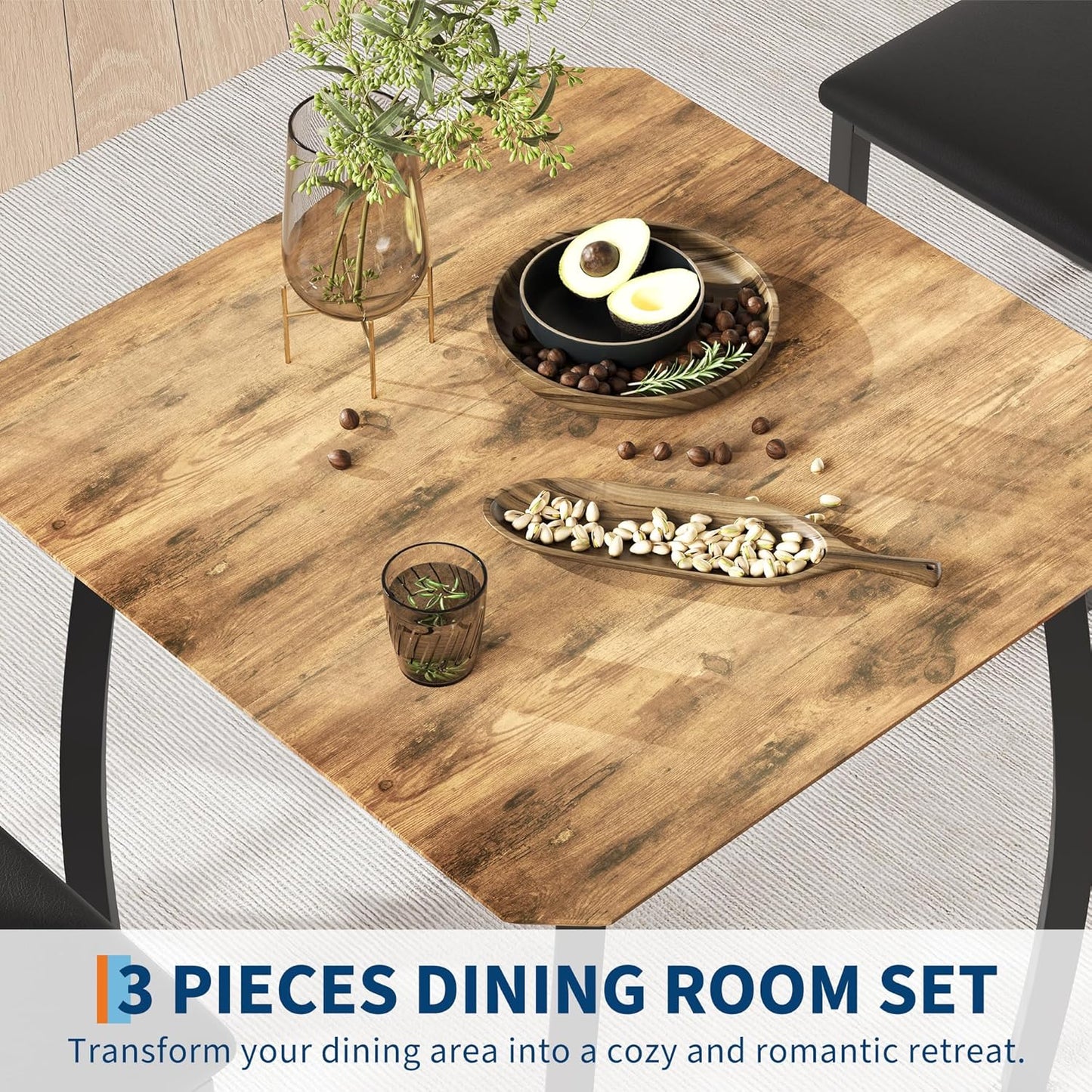 GAOMON Dining Table Set for 2, 3 Piece Small Kitchen Table and 2 Upholstered Chairs with Metal Frame & Wood Grain Tabletop for Small Space, Apartment, Kitchen, Dining Room, Black/Rustic