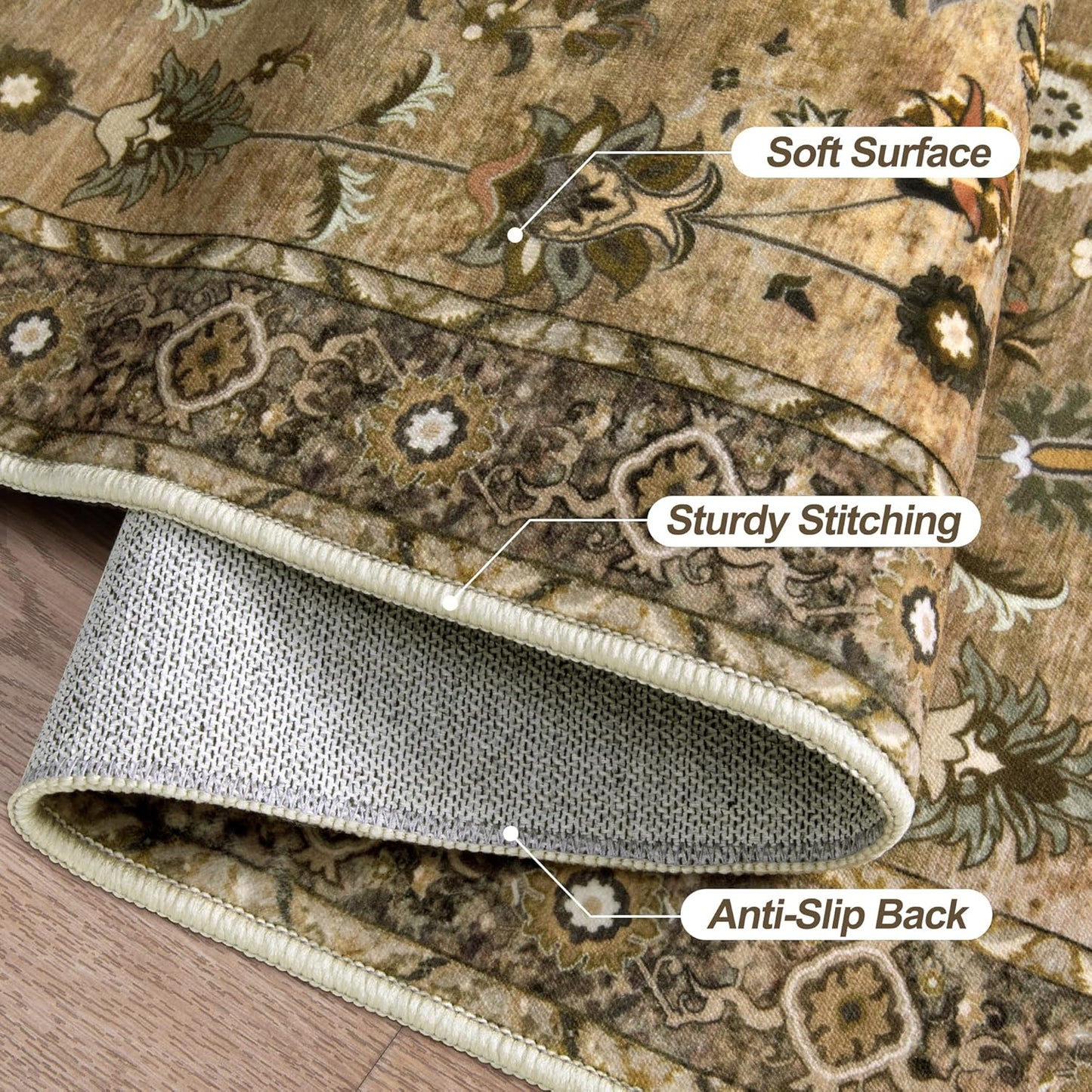 2x4 Washable Rug for Entryway, Vintage Floral Rug Non Slip Small, Indoor Front Door Runner Rugs, Print Distressed Brown Door Mat Carpet, Soft Low Pile for Entrance Kitchen Bedroom Bathroom