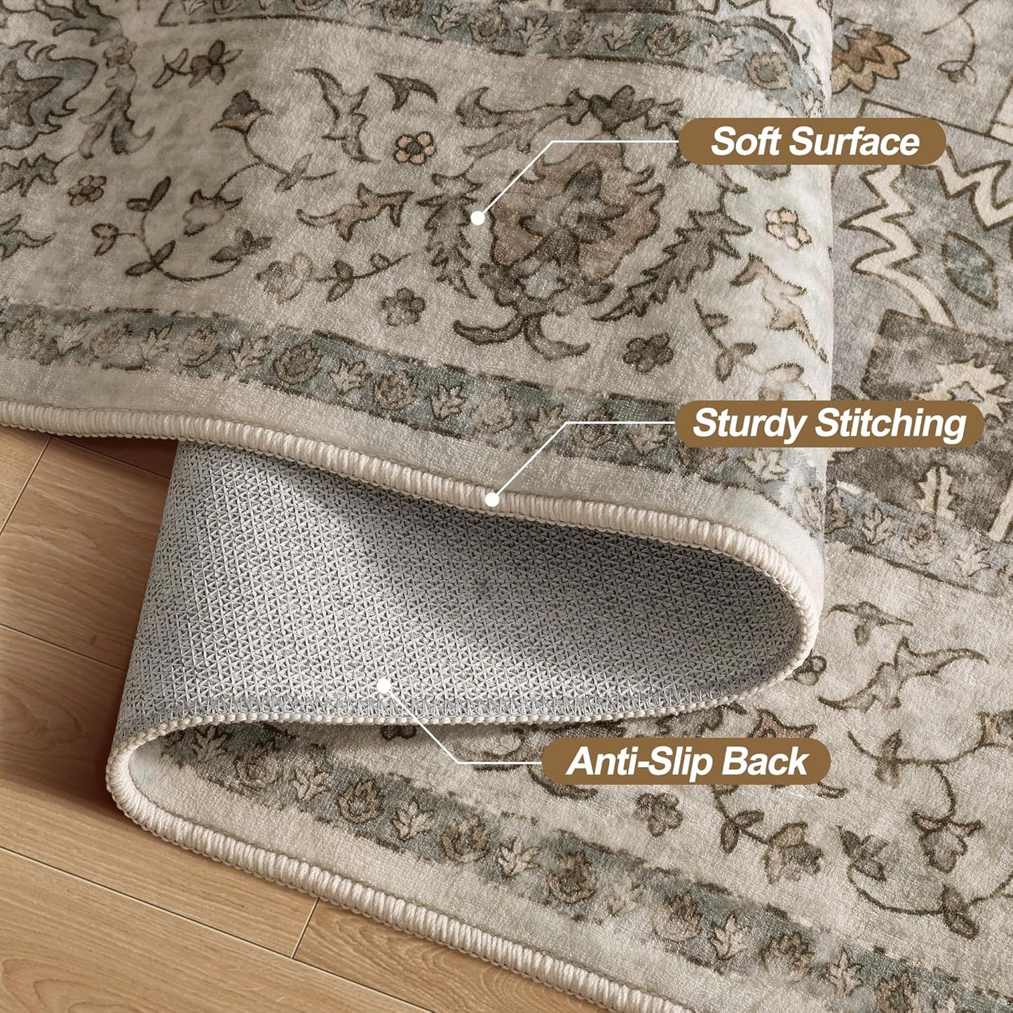 Tangsoo 2x5 Washable Runner Rug for Hallways, Non Slip Vintage, Soft Low Pile Long Runner, Print Distressed Brown/Grey Runners for Kitchen Bedroom Entryway Bathroom Living Room