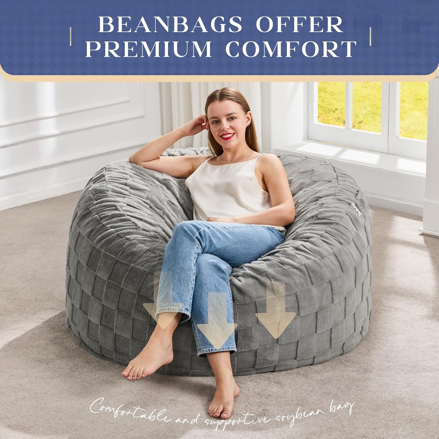 Hobestluk Bean Bag Chairs Beanbag Chair with Filler Adult Bean Bags with Fluffy Plaid Cover, Giant Bean Bag Chairs for Adults for Living Room, Bedroom (Grey, 3FT - 36” x 36” x 22”)