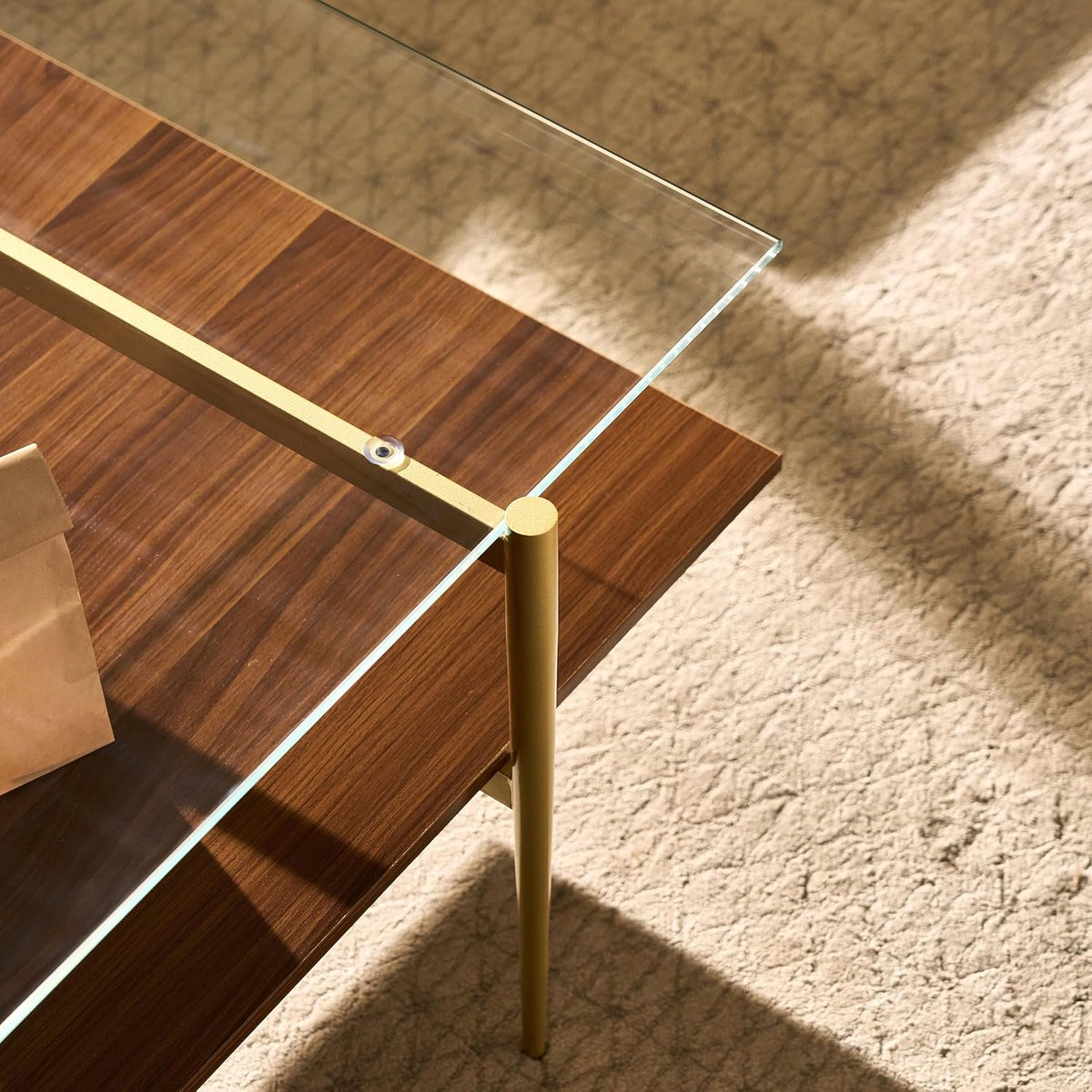 AGV LIGHTING Tadio Large Glass Coffee Table, Mid-Century Modern Coffee Table for Living Room, Gold Finish Leg, Clear Glass Top & Walnut Brown Shelf, 47 in