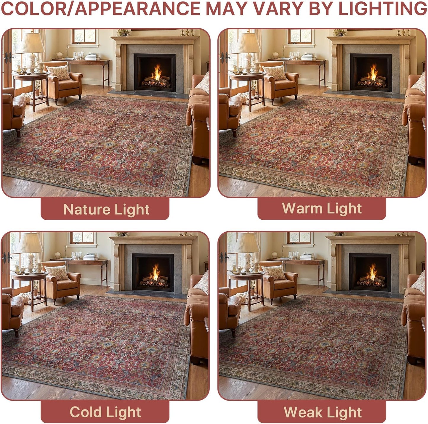 9X12 Area Rugs Machine Washable Rugs for Living Room, Vintage Boho Large Rugs for Bedroom Dining Room, Non Slip Indoor Soft Distressed Lightweight Thin Low Pile Carpet, Rust Red