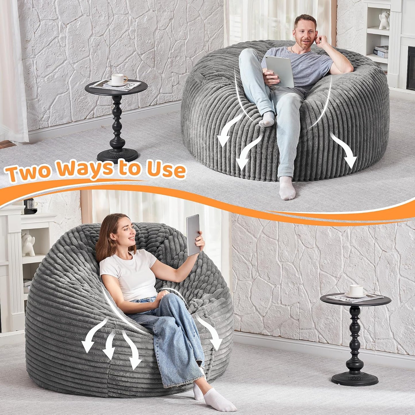 HABUTWAY 4FT Bean Bag Chair, 4' Large Bean Bag Chairs for Adults with Removable Stripe Plush Cover, Memory Foam Beanbag Chair for Living Room Bedroom Dorm (Grey)