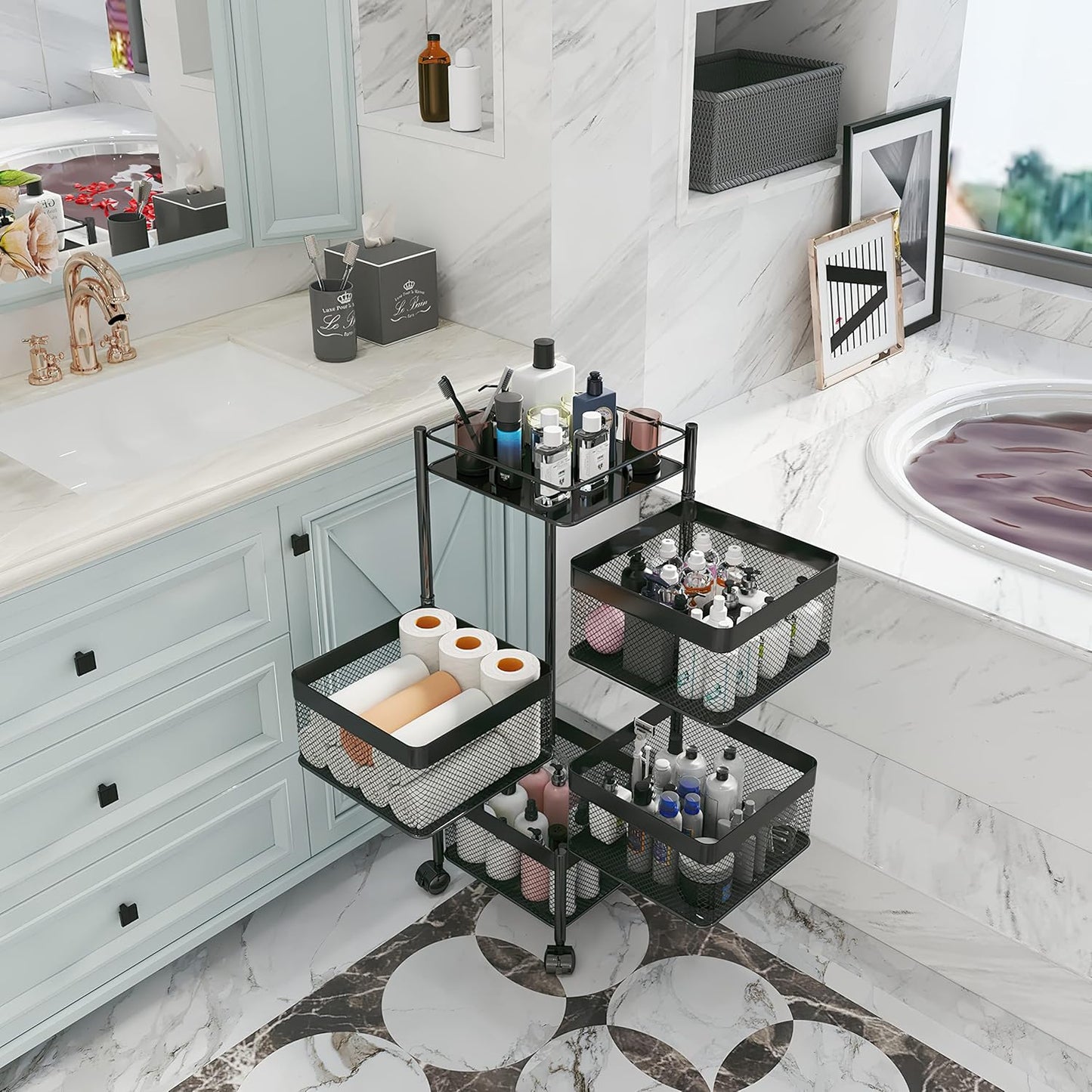 Rotating Kitchen Storage Rack,Bathroom Shelf,Kitchen Organization and Storage,Bathroom Storage Organizer,Fruit Basket,Rolling Carts with Wheels(Black, 4 Tier-Square)