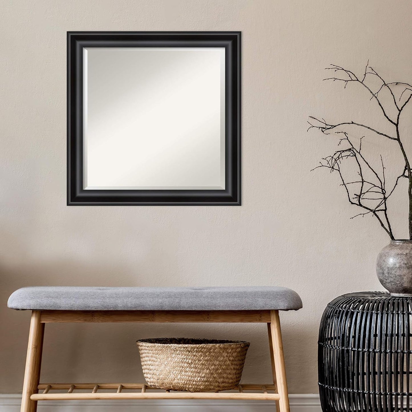 Amanti Art Black Bathroom Mirror for Over Sink, 24x24 Grand Black Narrow Square Vanity Mirror, Medium Casual Frame, Hangs Horizonally and Vertically, Bathroom Wall Decor, Beveled Edge