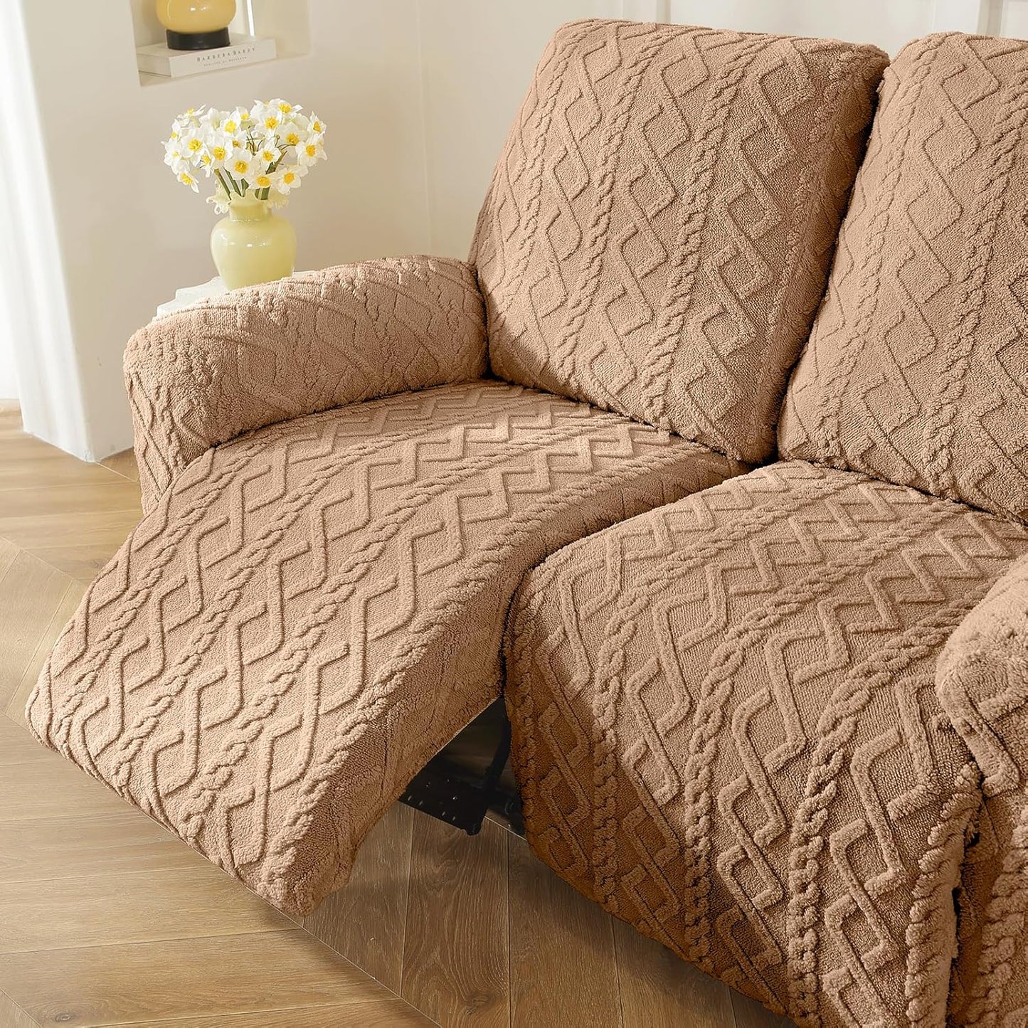 vctops 6 Pieces Geometric Jacquard Plush Recliner Loveseat Slipcovers Soft Fuzzy Fluffy Sofa Couch Cover Anti-Slip Furniture Protector with Elastic Bottom for Kids Cats Dogs(Brown,2 Seat)